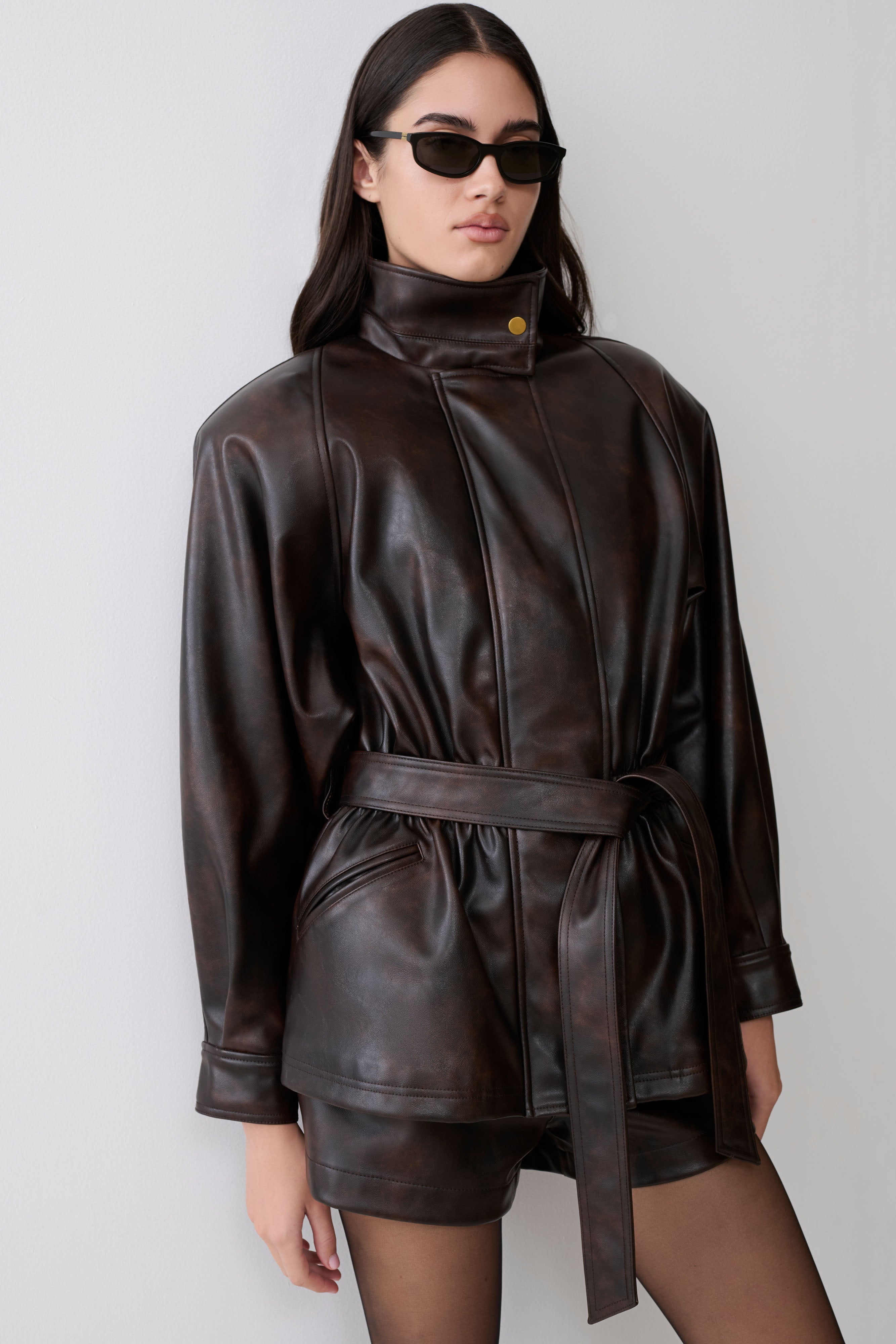 Adaline Faux Leather Cinch Waist Jacket - Dark Chocolate | MESHKI US