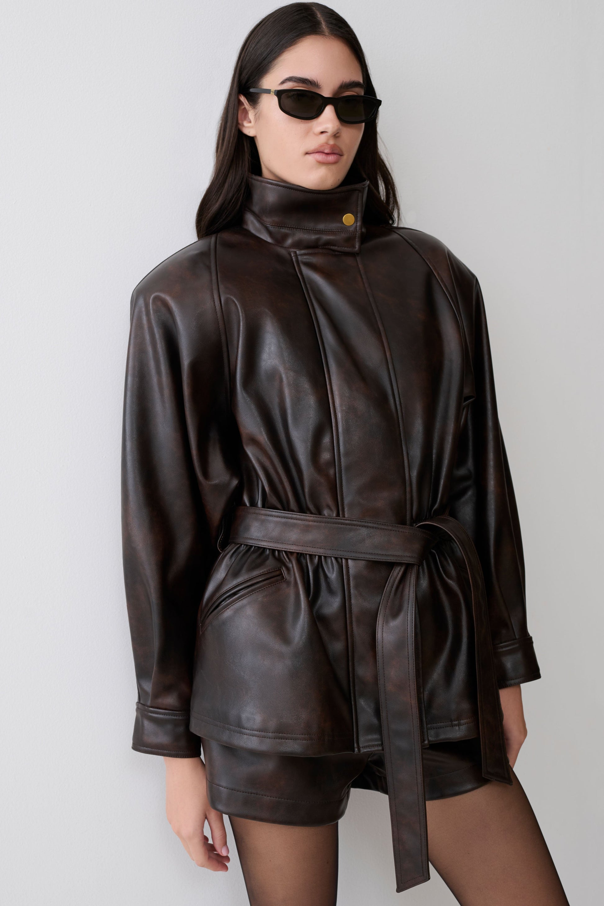 Adaline Faux Leather Cinch Waist Jacket - Dark Chocolate #3