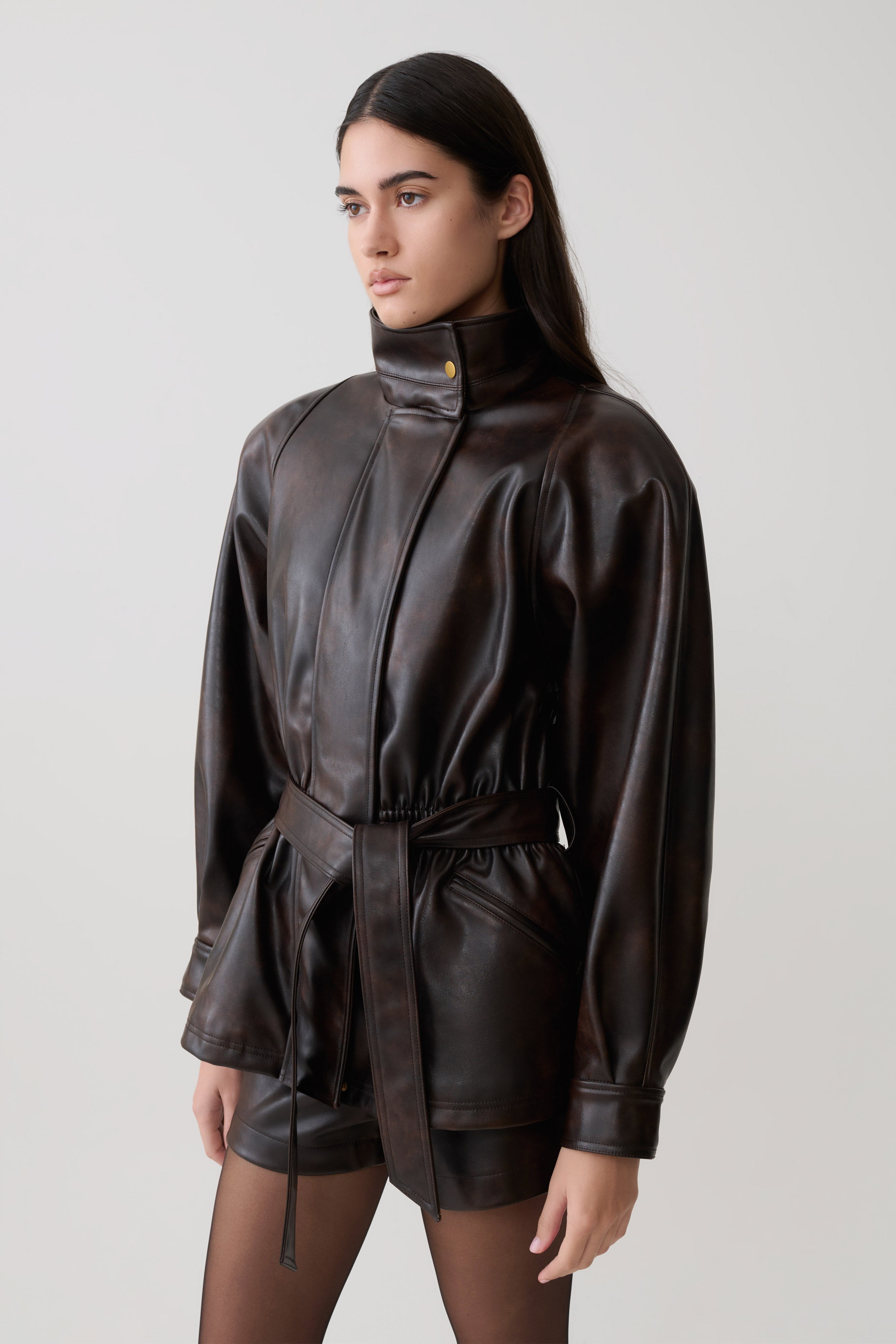 Adaline Faux Leather Cinch Waist Jacket - Dark Chocolate | MESHKI US