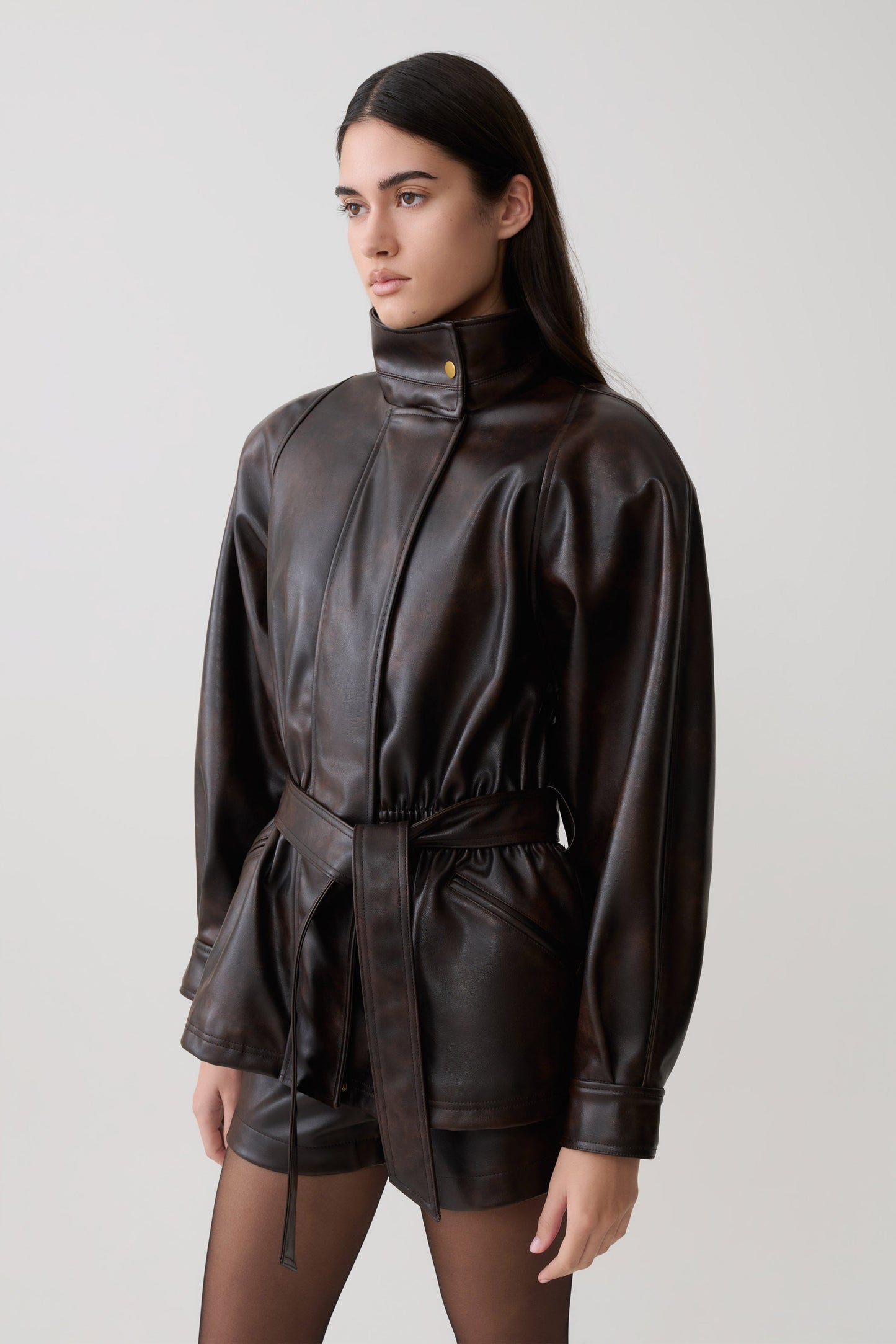 Adaline Faux Leather Cinch Waist Jacket - Dark Chocolate