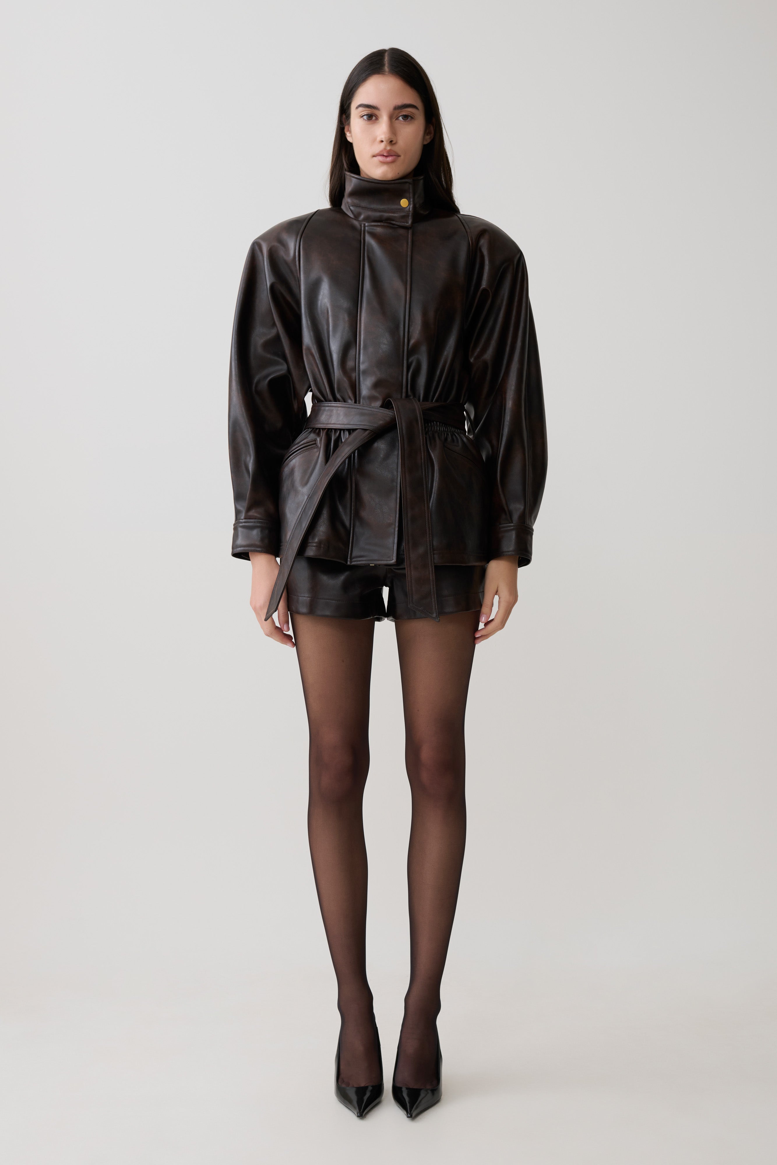 Adaline Faux Leather Cinch Waist Jacket - Dark Chocolate | MESHKI US