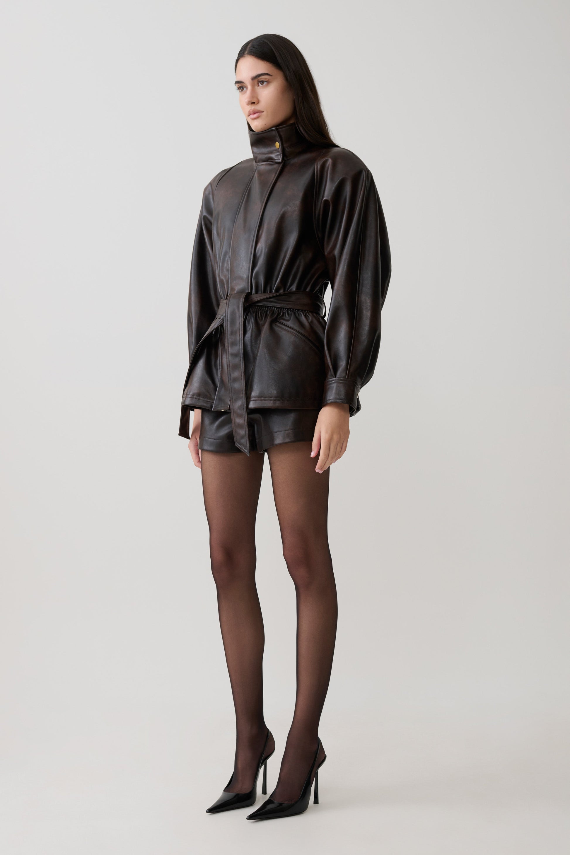 Adaline Faux Leather Cinch Waist Jacket - Dark Chocolate #6
