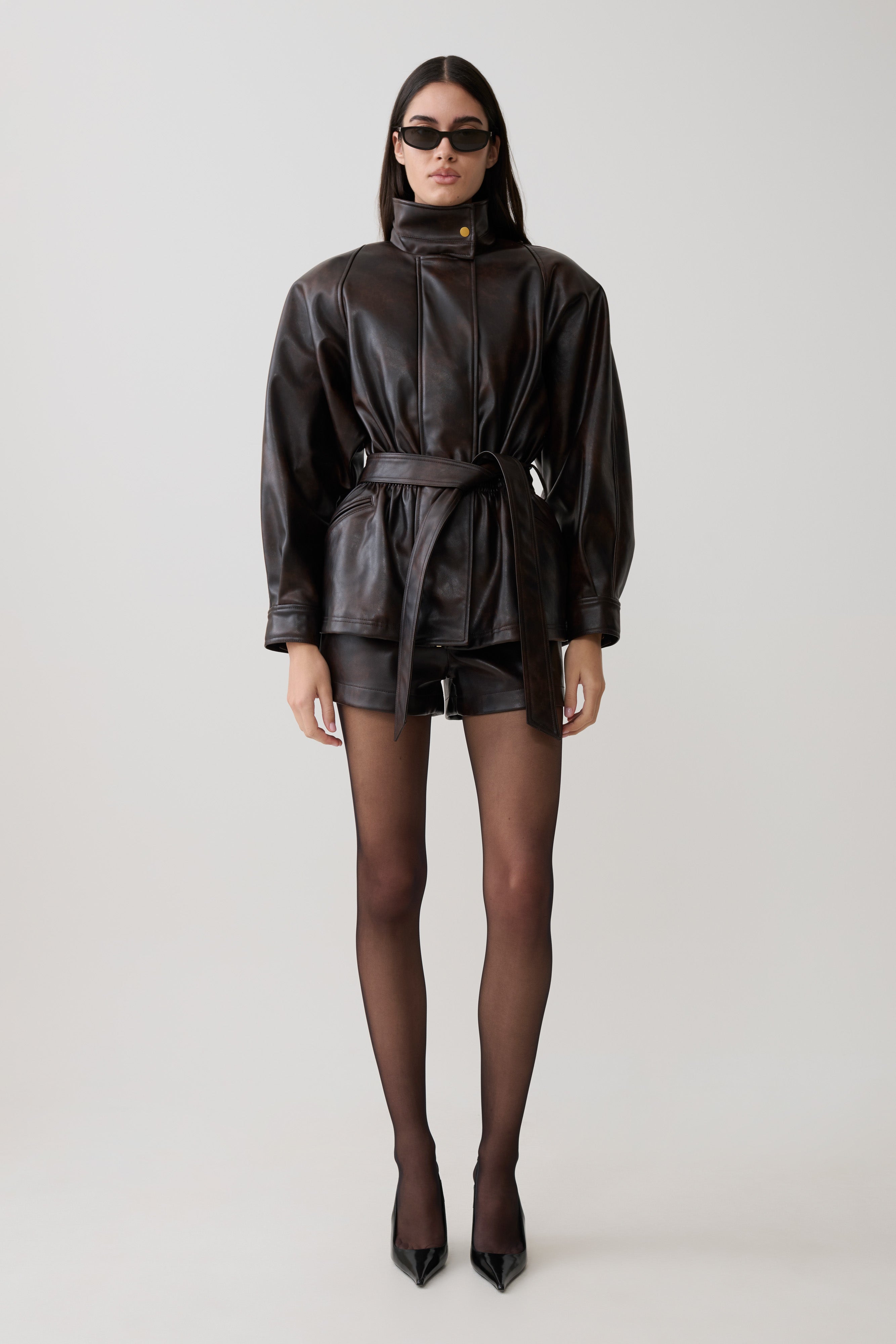 Adaline Faux Leather Cinch Waist Jacket - Dark Chocolate | MESHKI US