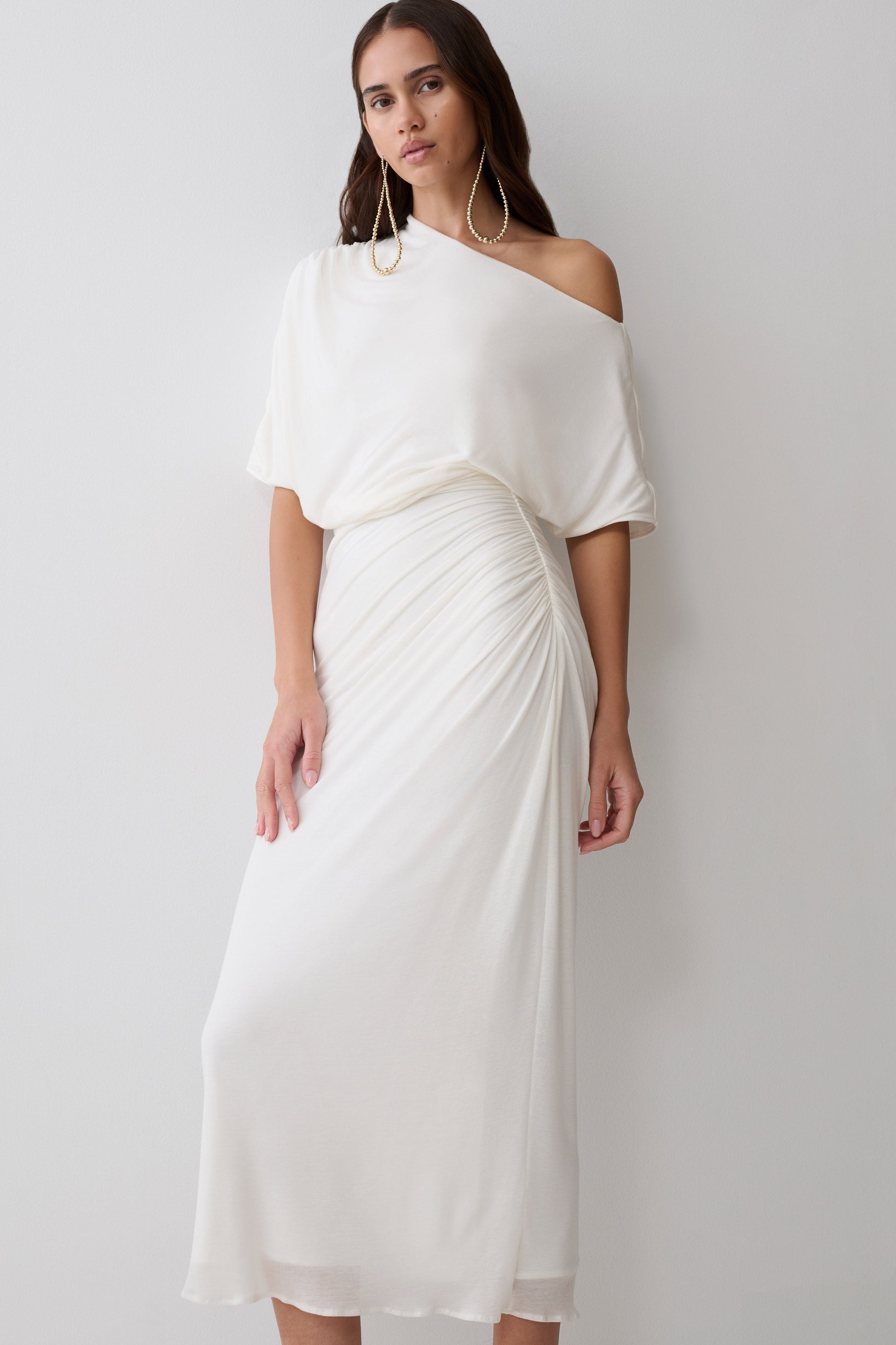 draped midi dress Alva Wool Lyocell Draped Midi Dress - White