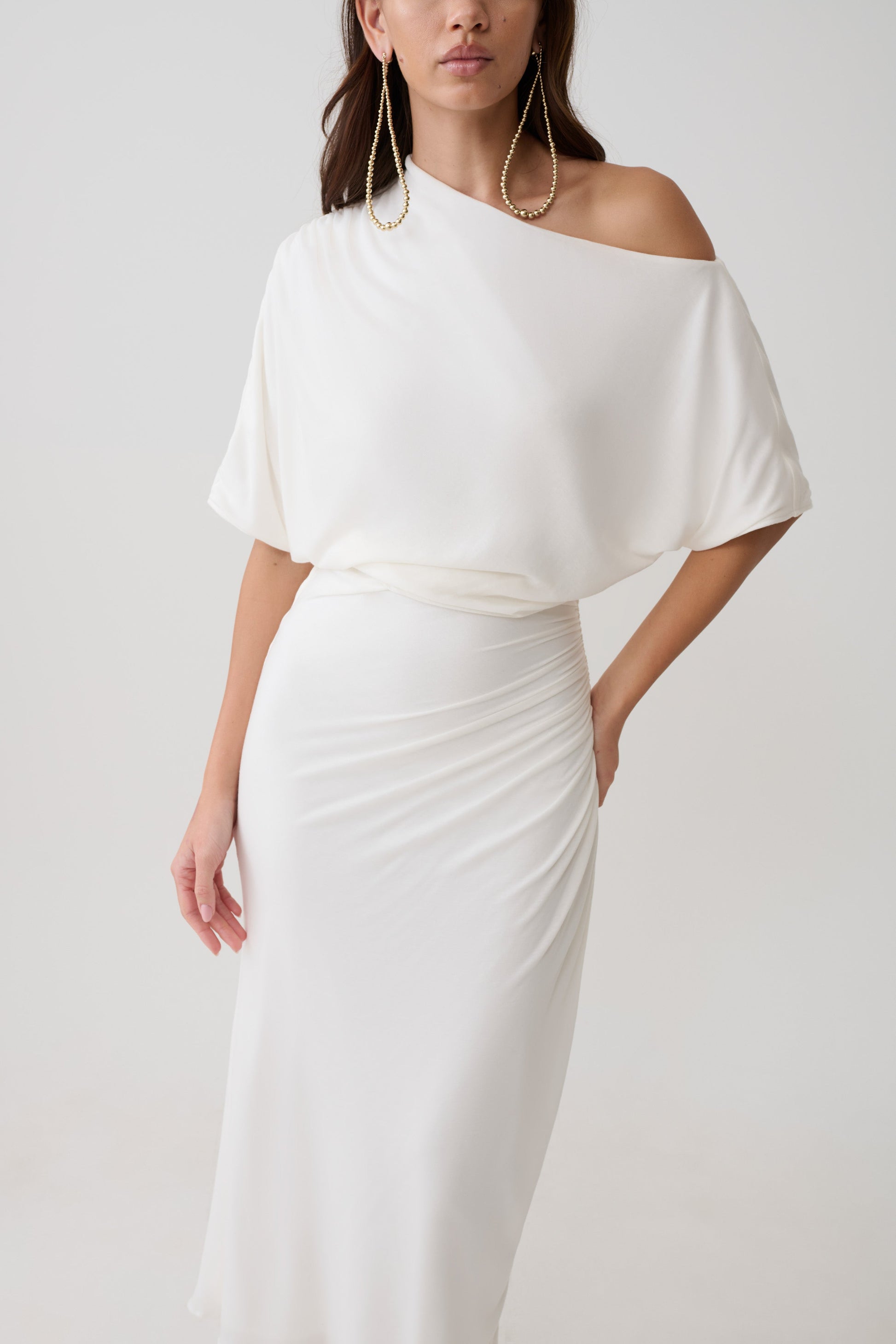 white draped dress Alva Wool Lyocell Draped Midi Dress - White