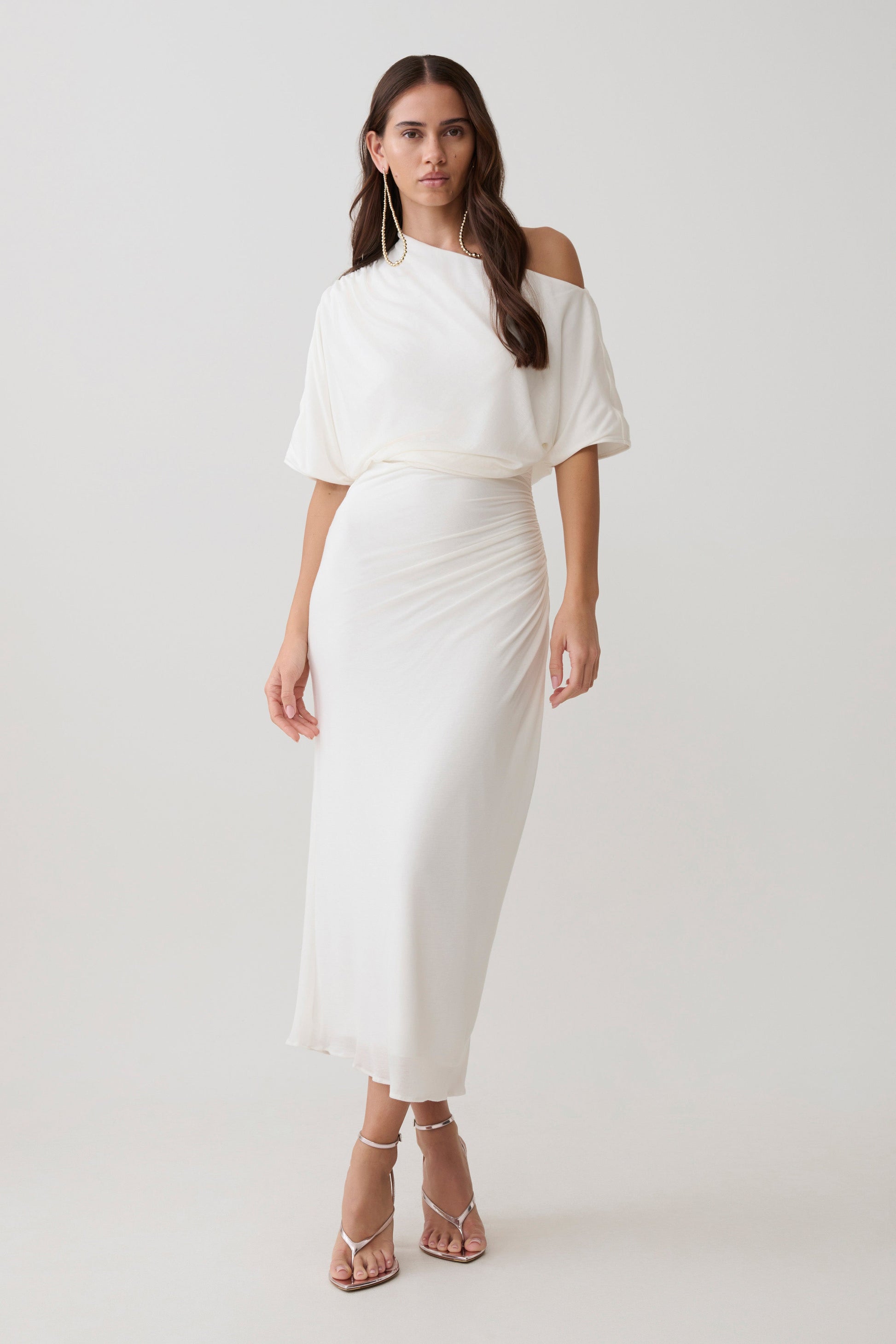 Alva Wool Lyocell Draped Midi Dress / White | MESHKI
