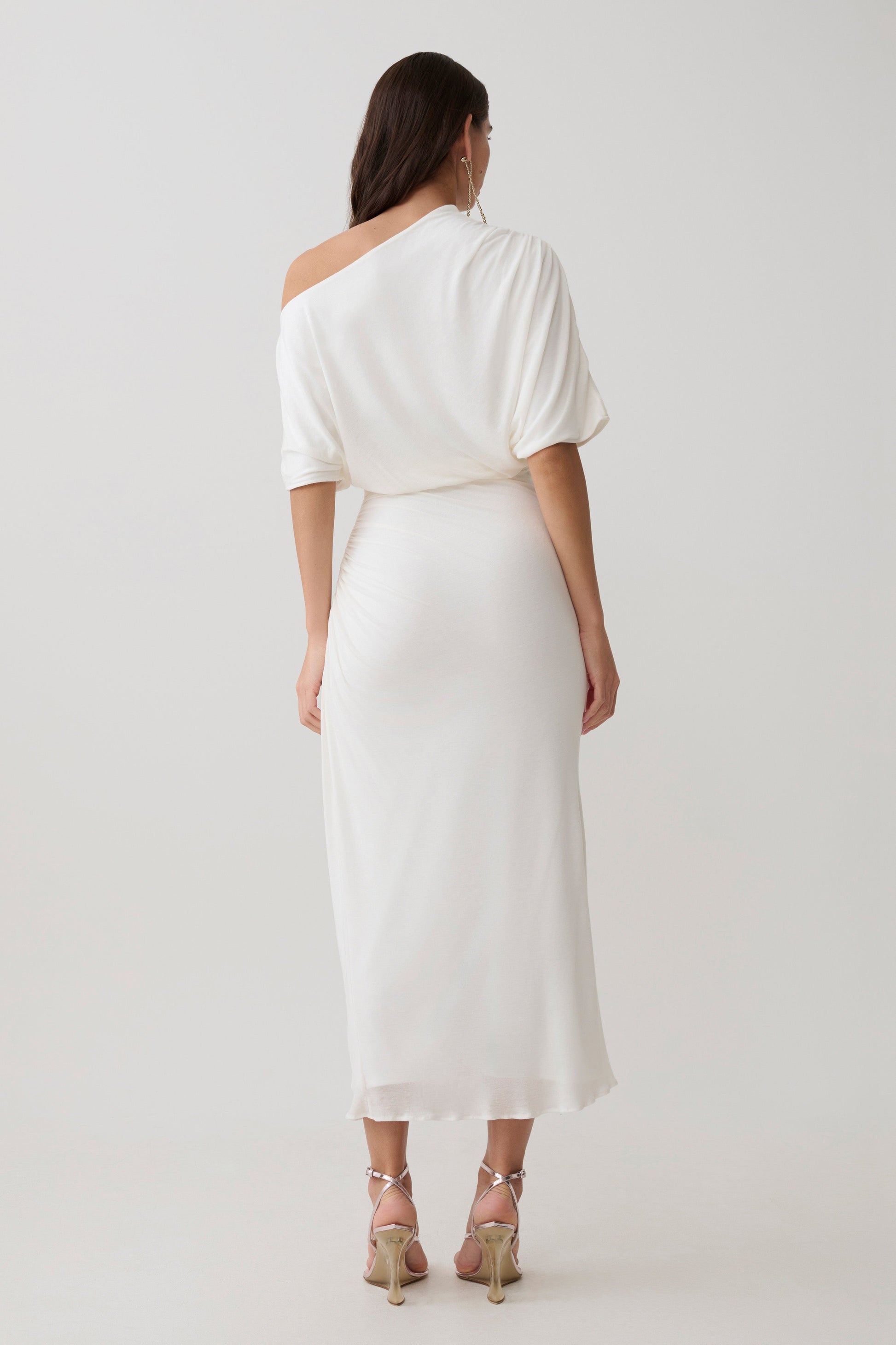 Alva Wool Lyocell Draped Midi Dress / White | MESHKI Alva Wool Lyocell Draped Midi Dress / White | MESHKI