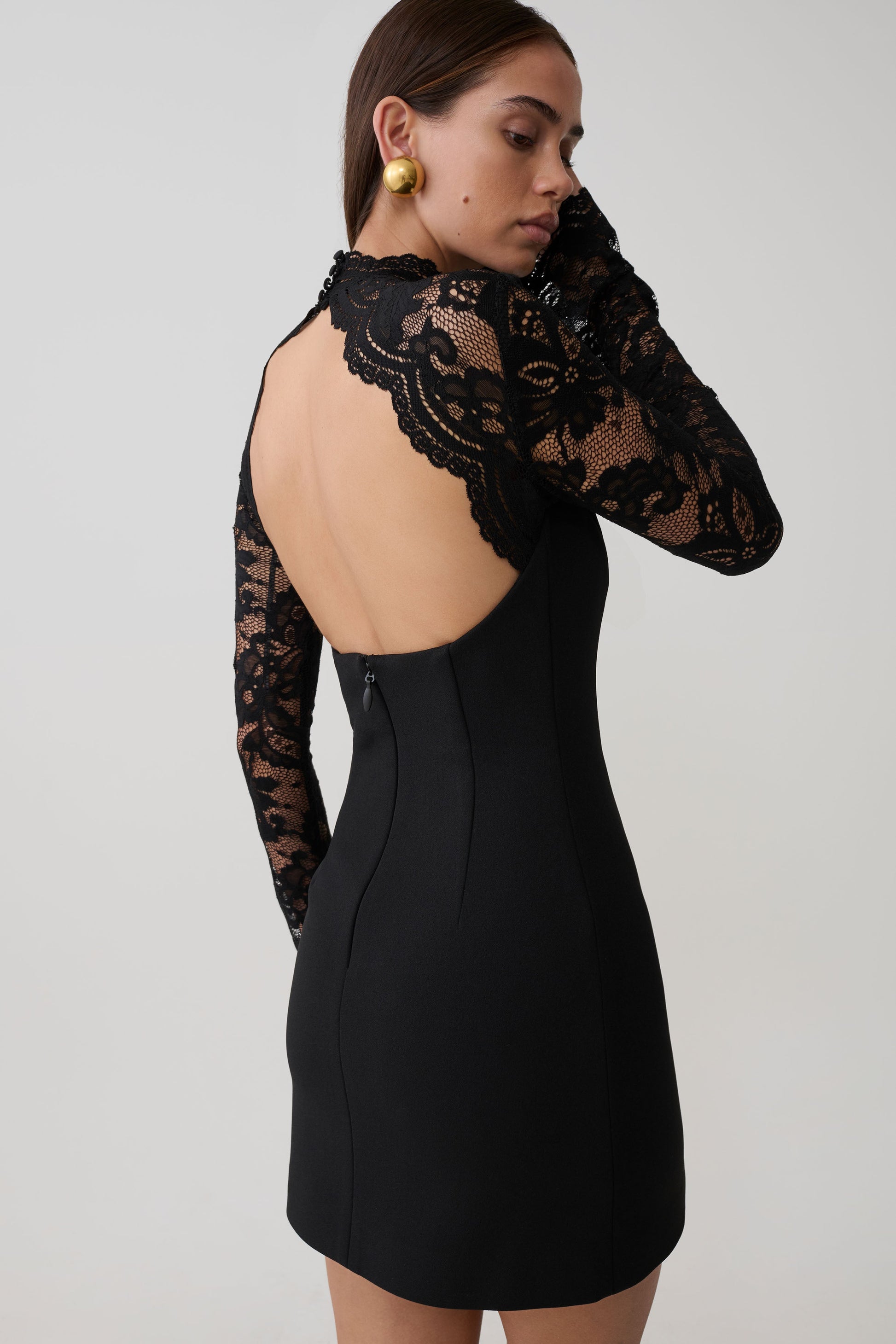 Aurelie Long Sleeve Lace Mini Dress / Black | MESHKI