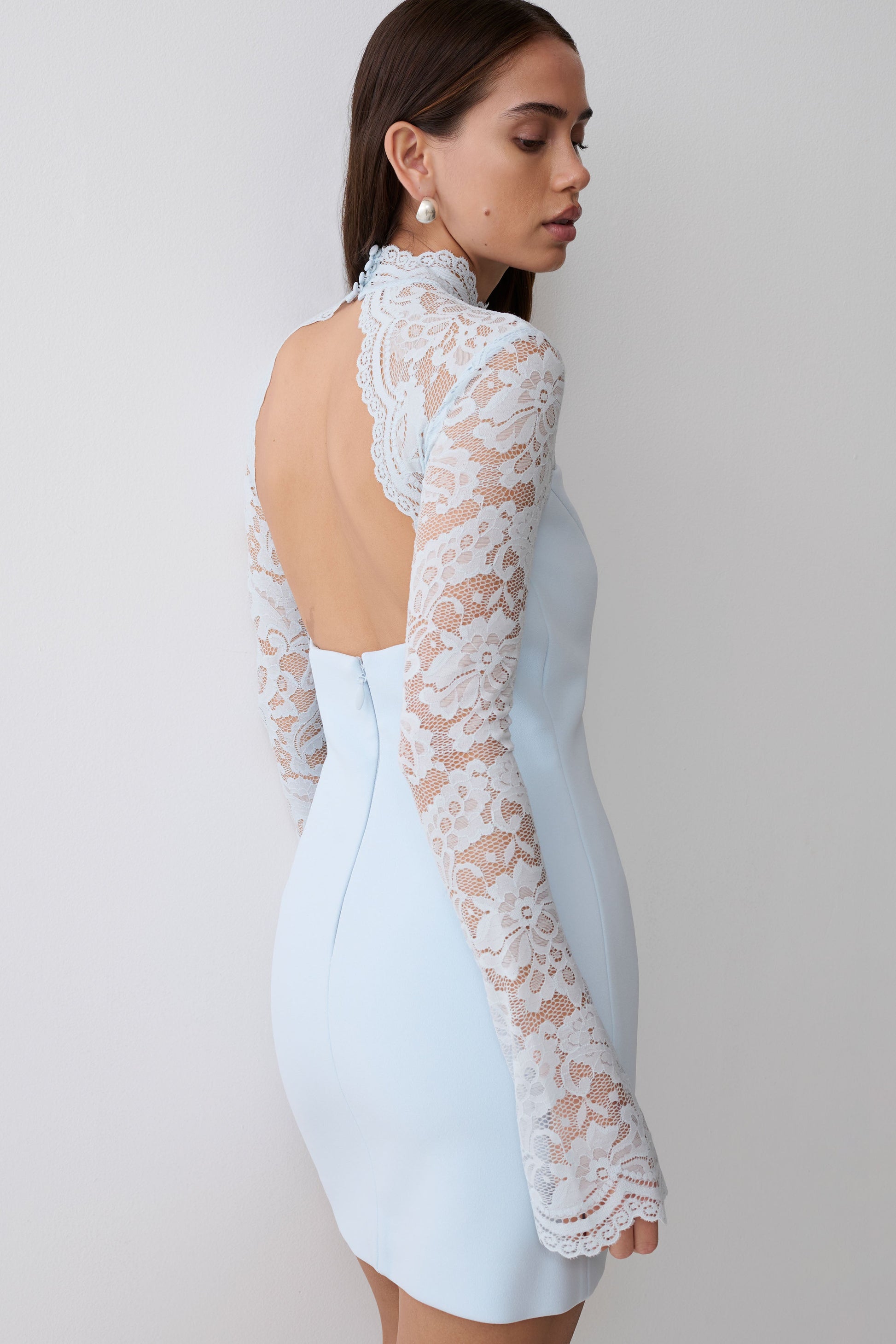 Aurelie Long Sleeve Lace Mini Dress / Sky Blue | MESHKI
