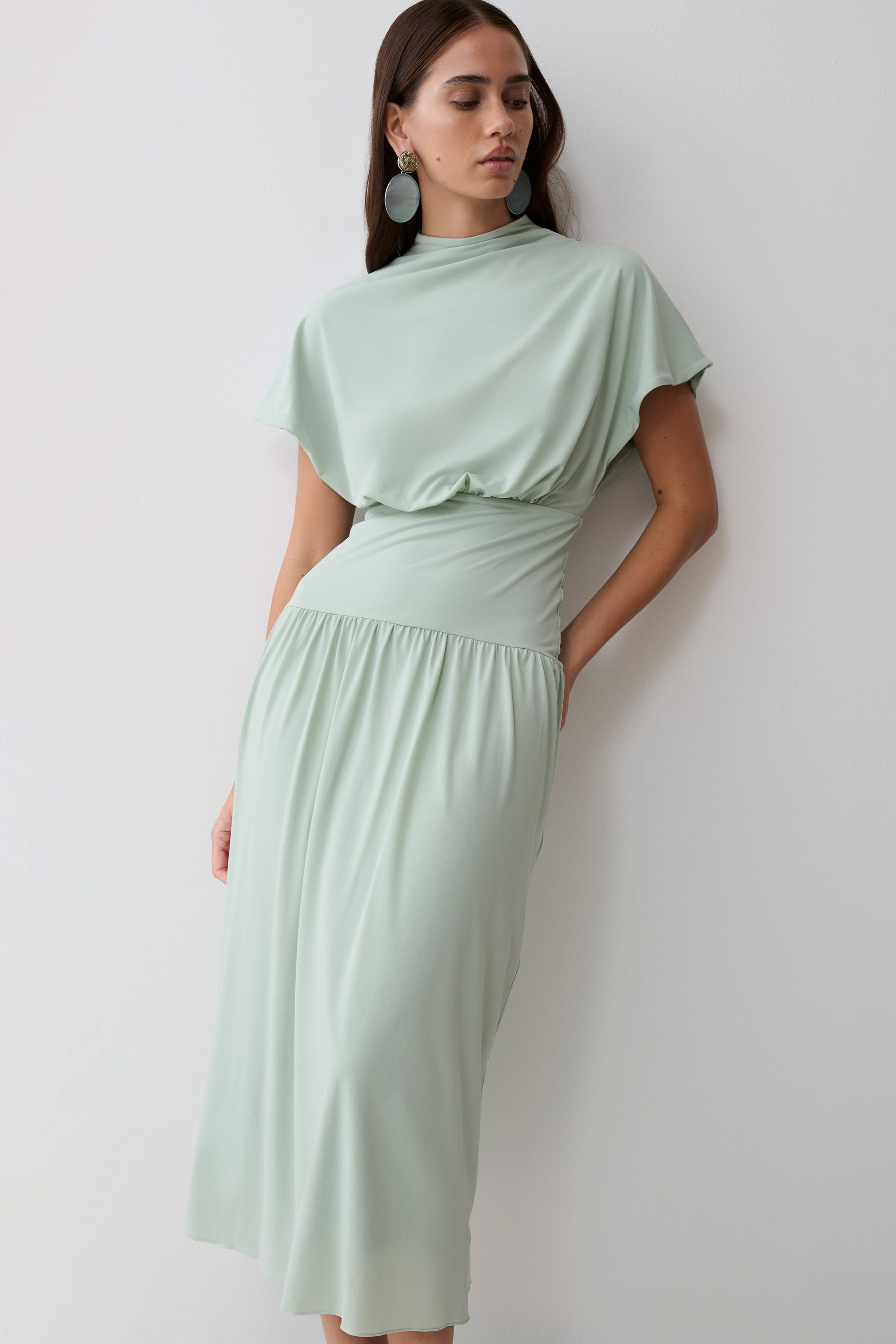 Ailla High Neck Cowl Midi Dress / Aqua Grey | MESHKI