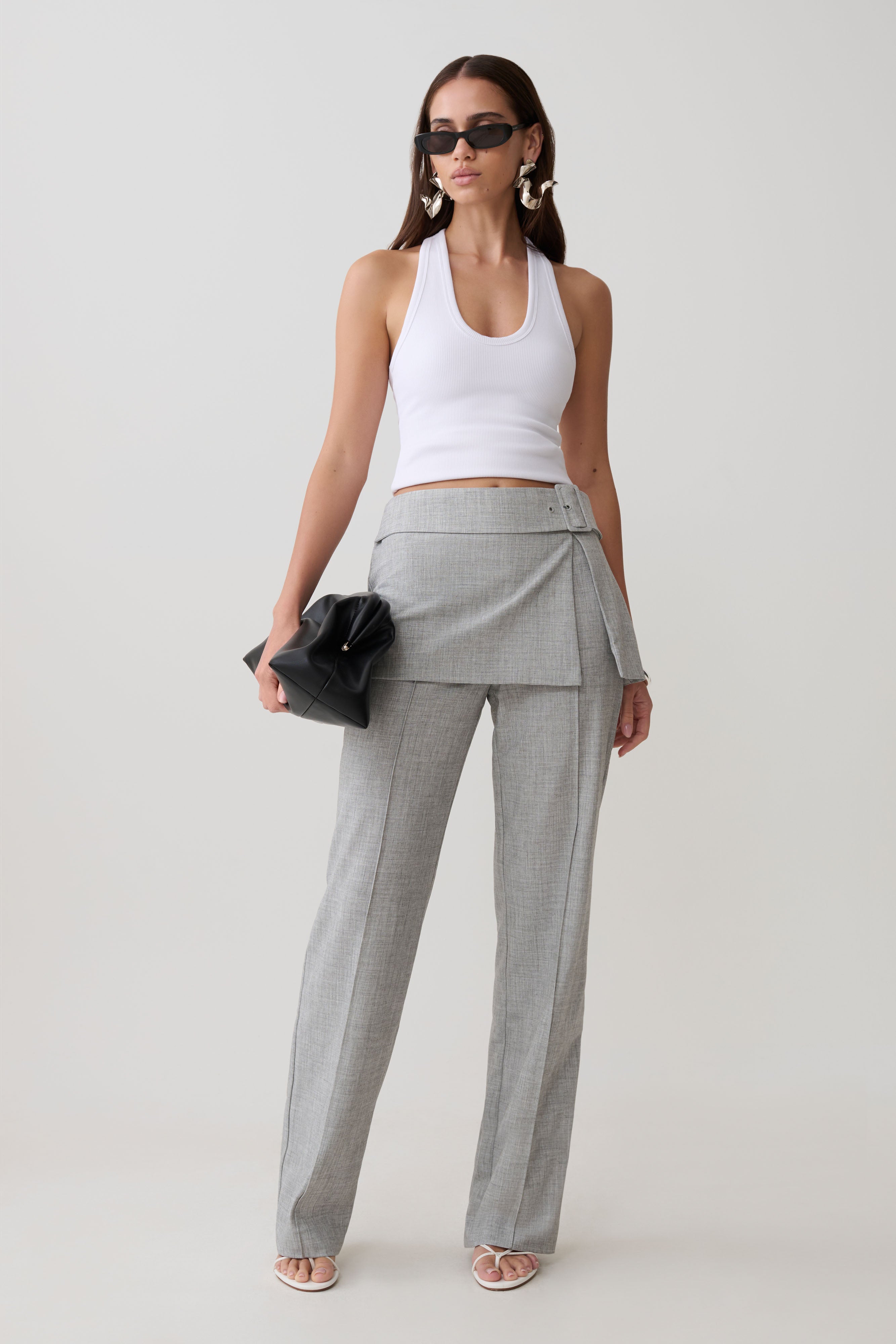 Daisy Wrap Skirt Straight Leg Pants - Charcoal Marle | MESHKI US