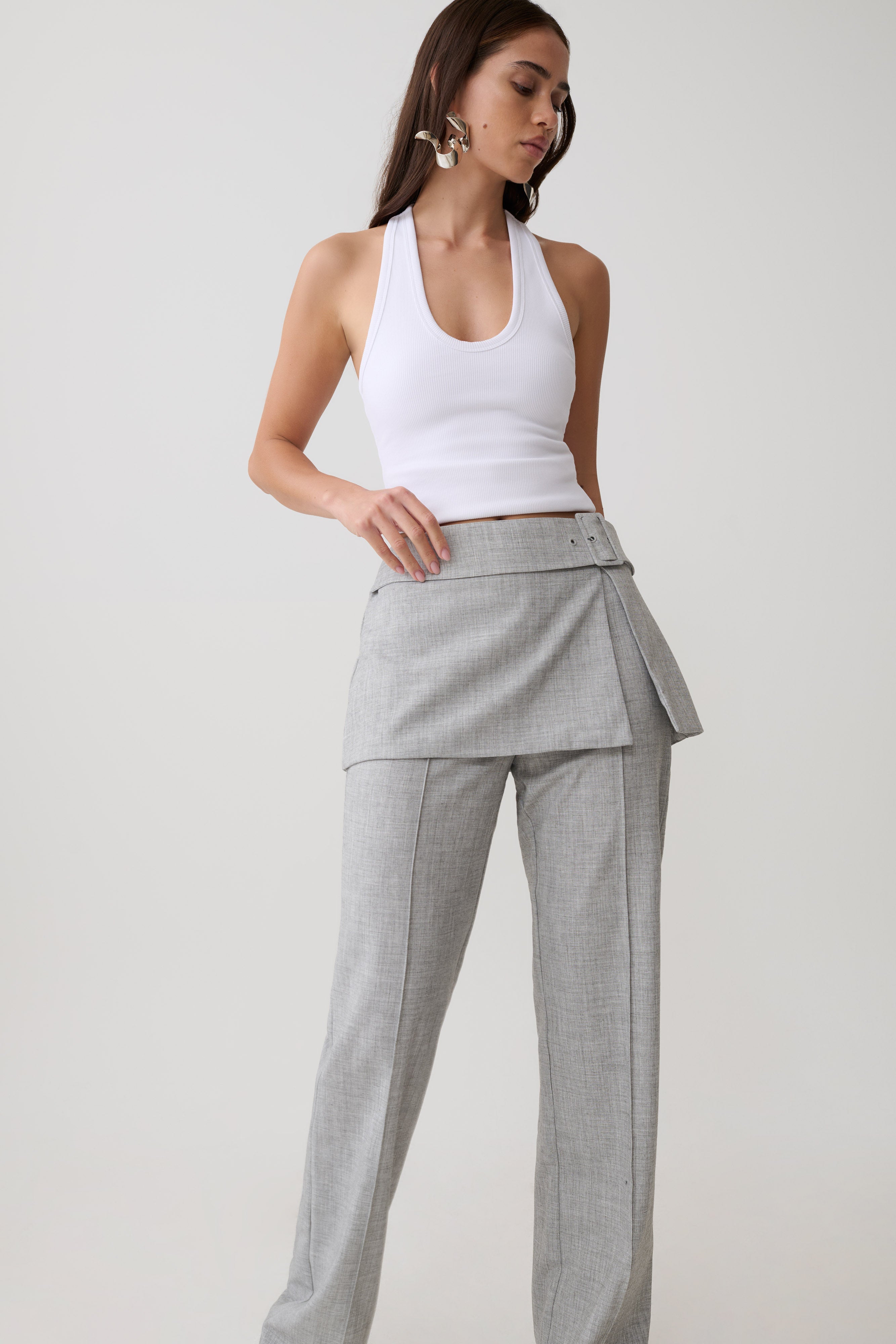 Daisy Wrap Skirt Straight Leg Pants - Charcoal Marle | MESHKI US