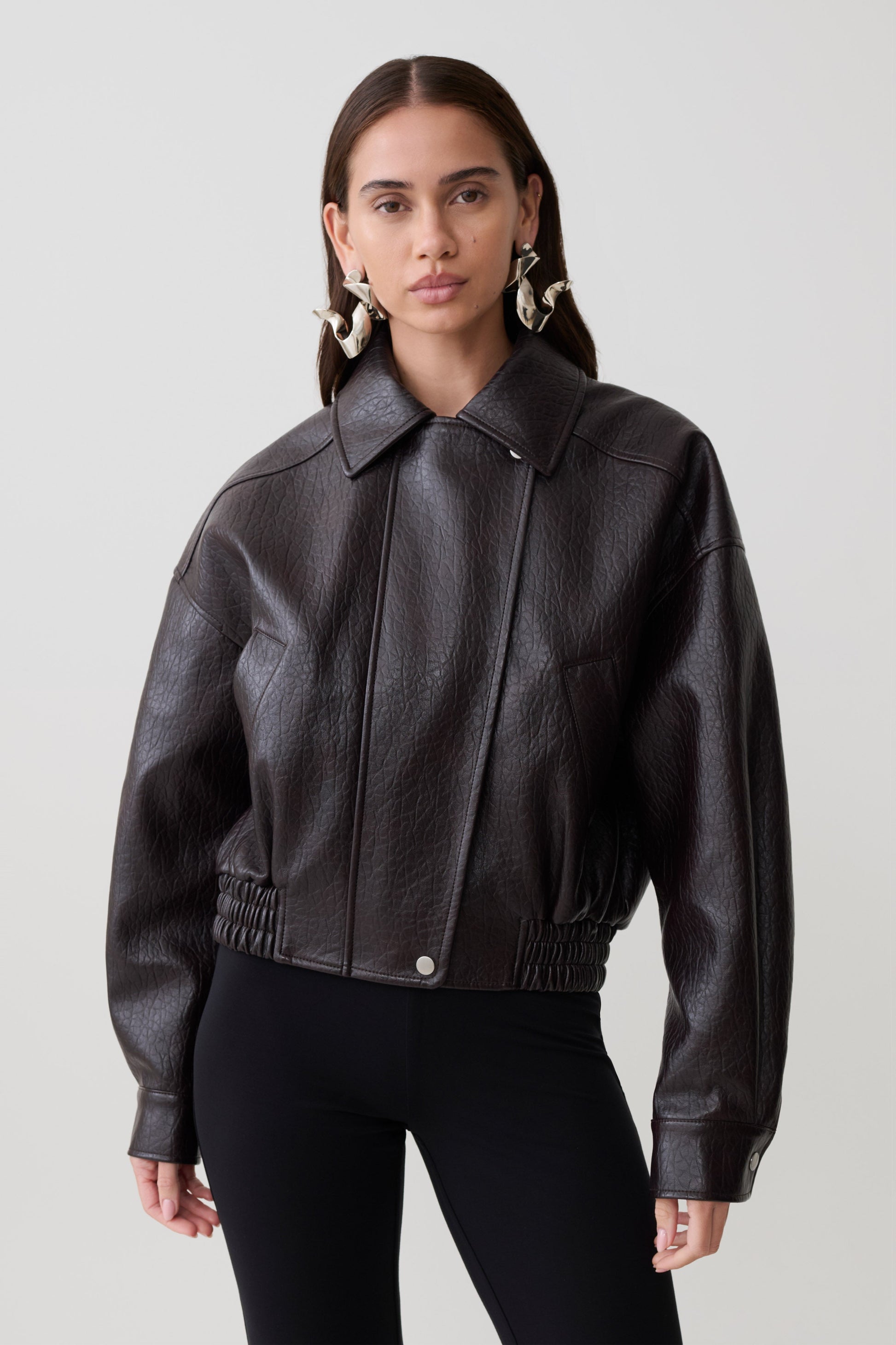 Paige Faux Leather Cropped Jacket - Cherry Brown #3
