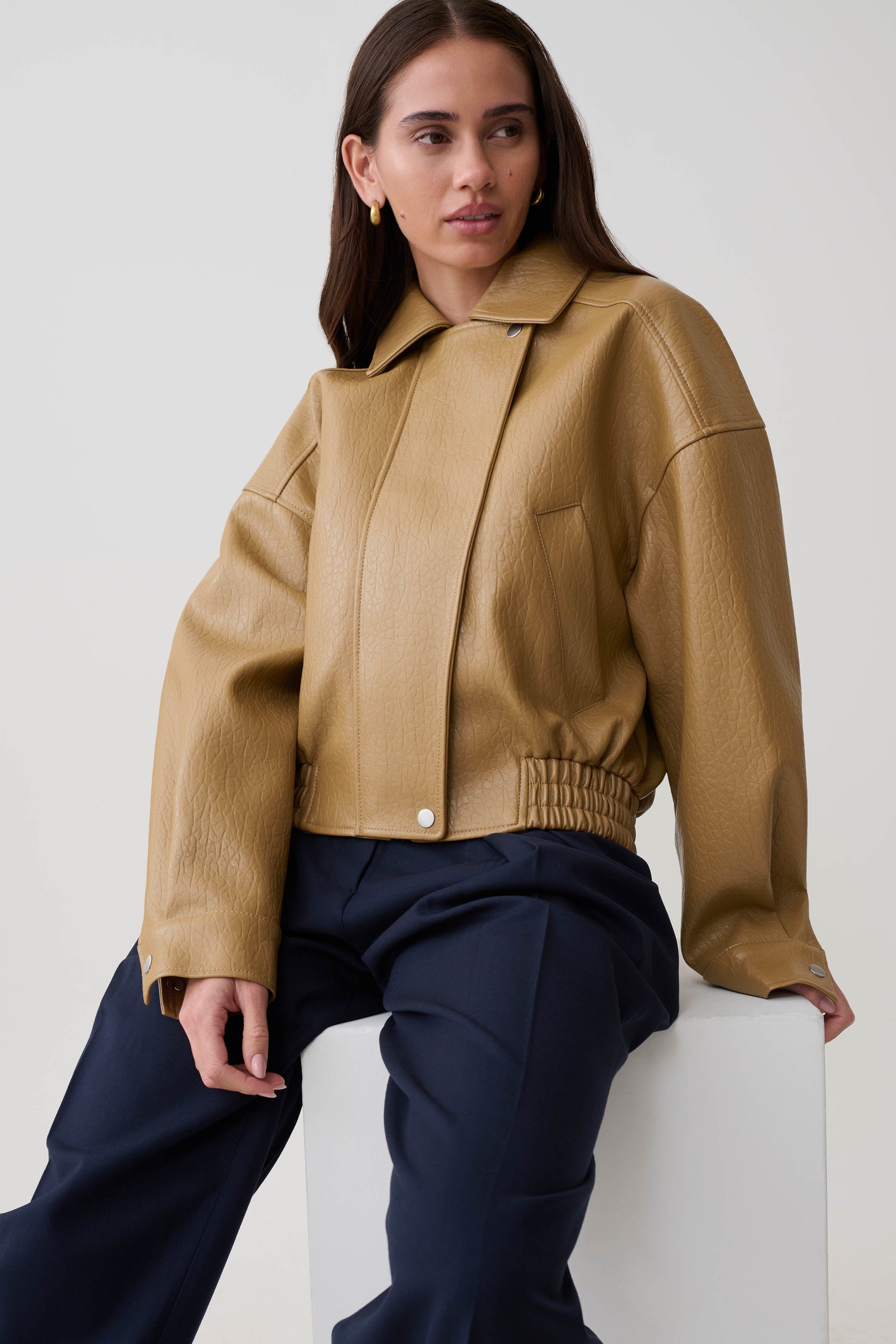Paige Faux Leather Cropped Jacket - Beige #3
