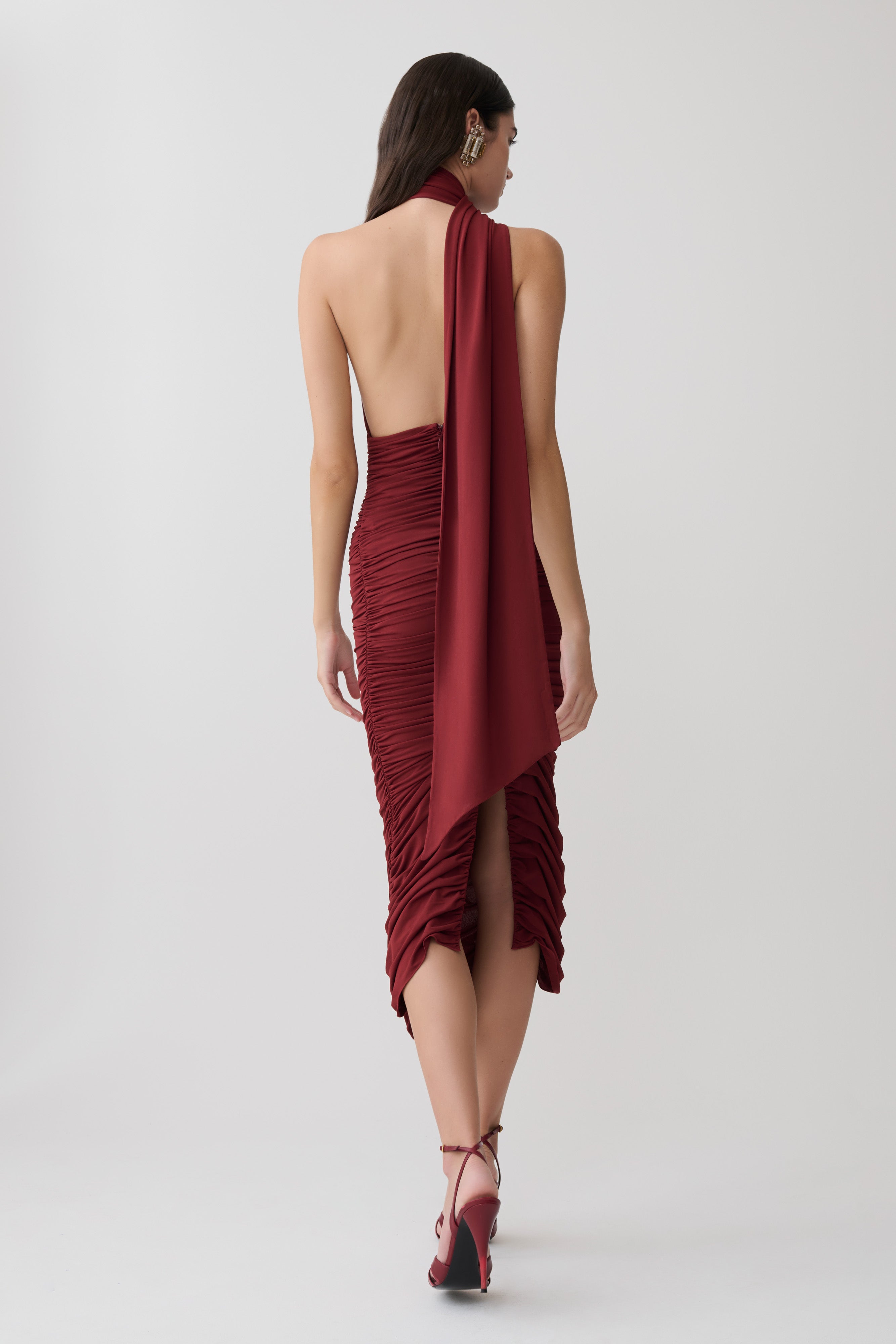 Giannie Draped Midi Dress - Merlot | MESHKI US