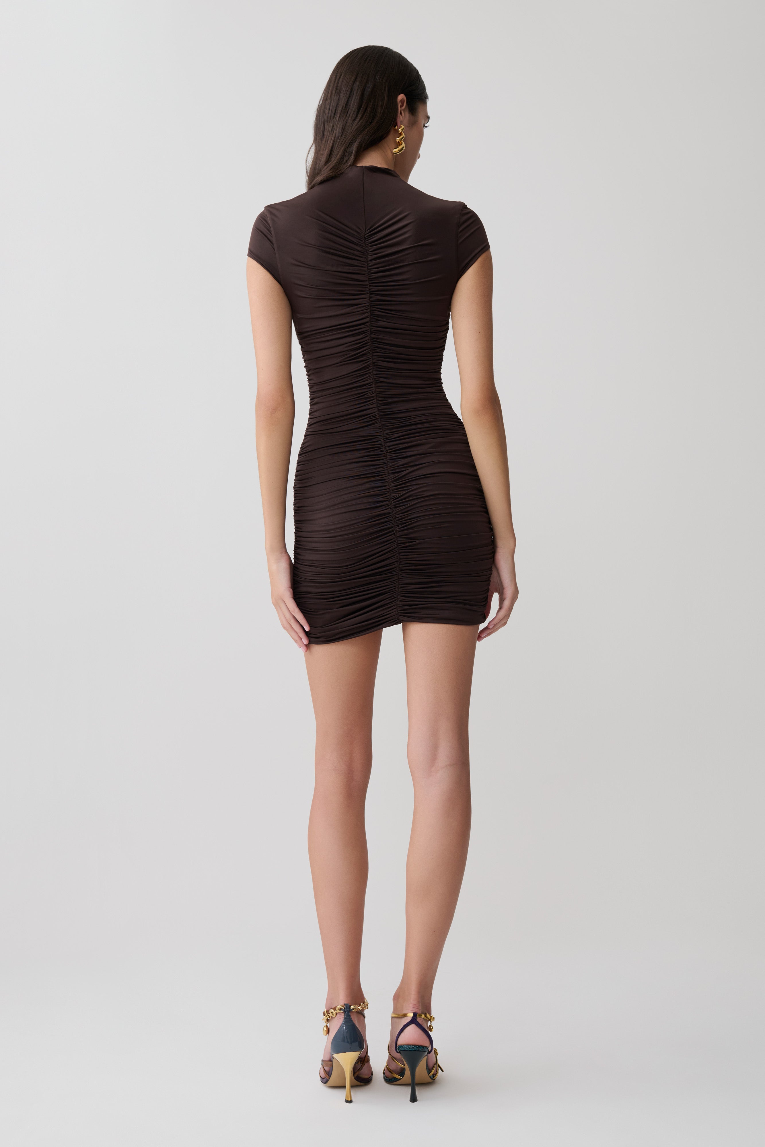 Alphine Gathered Short Sleeve Mini Dress - Chocolate | MESHKI US