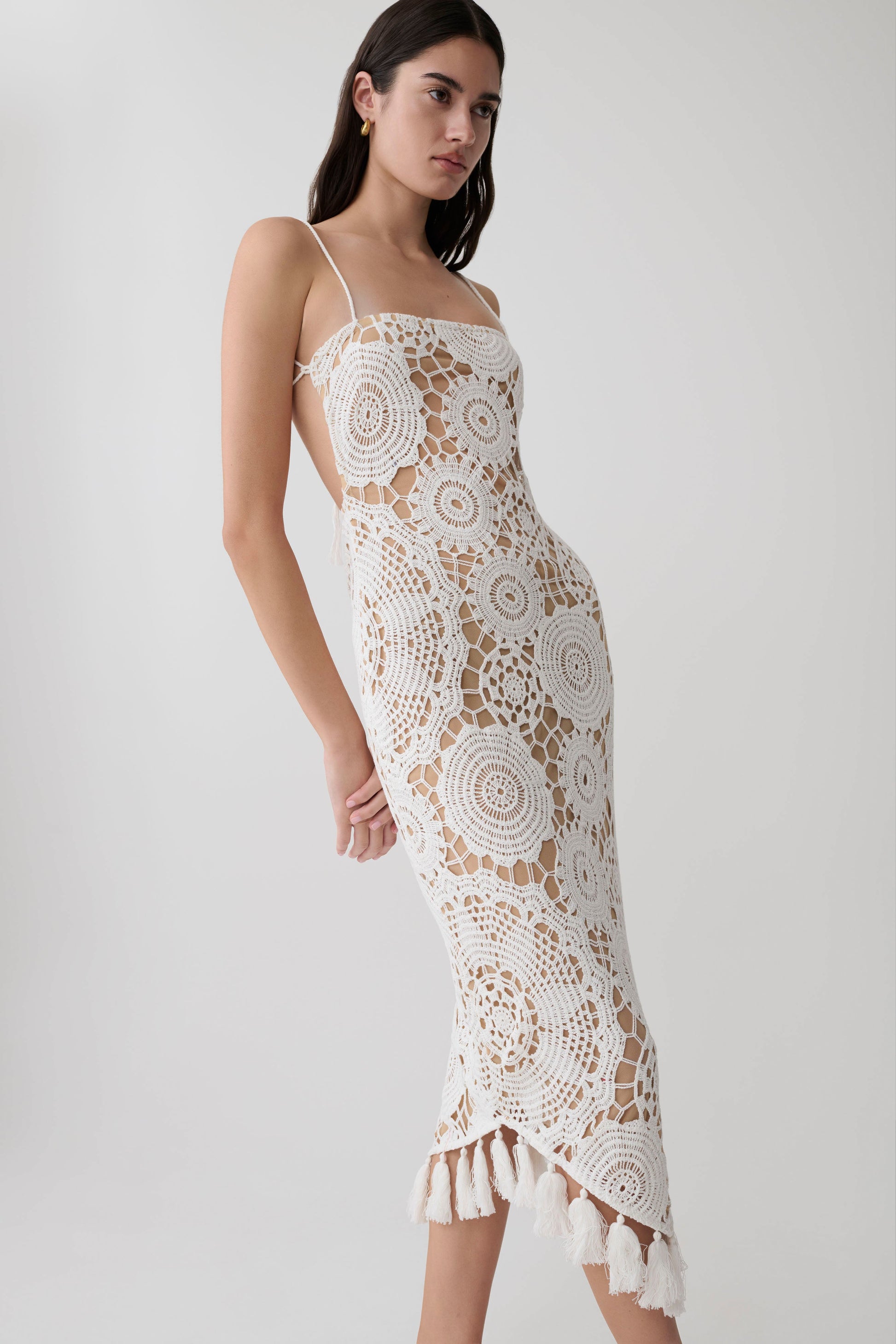 Delta Crochet Halter Midi Dress / White | MESHKI