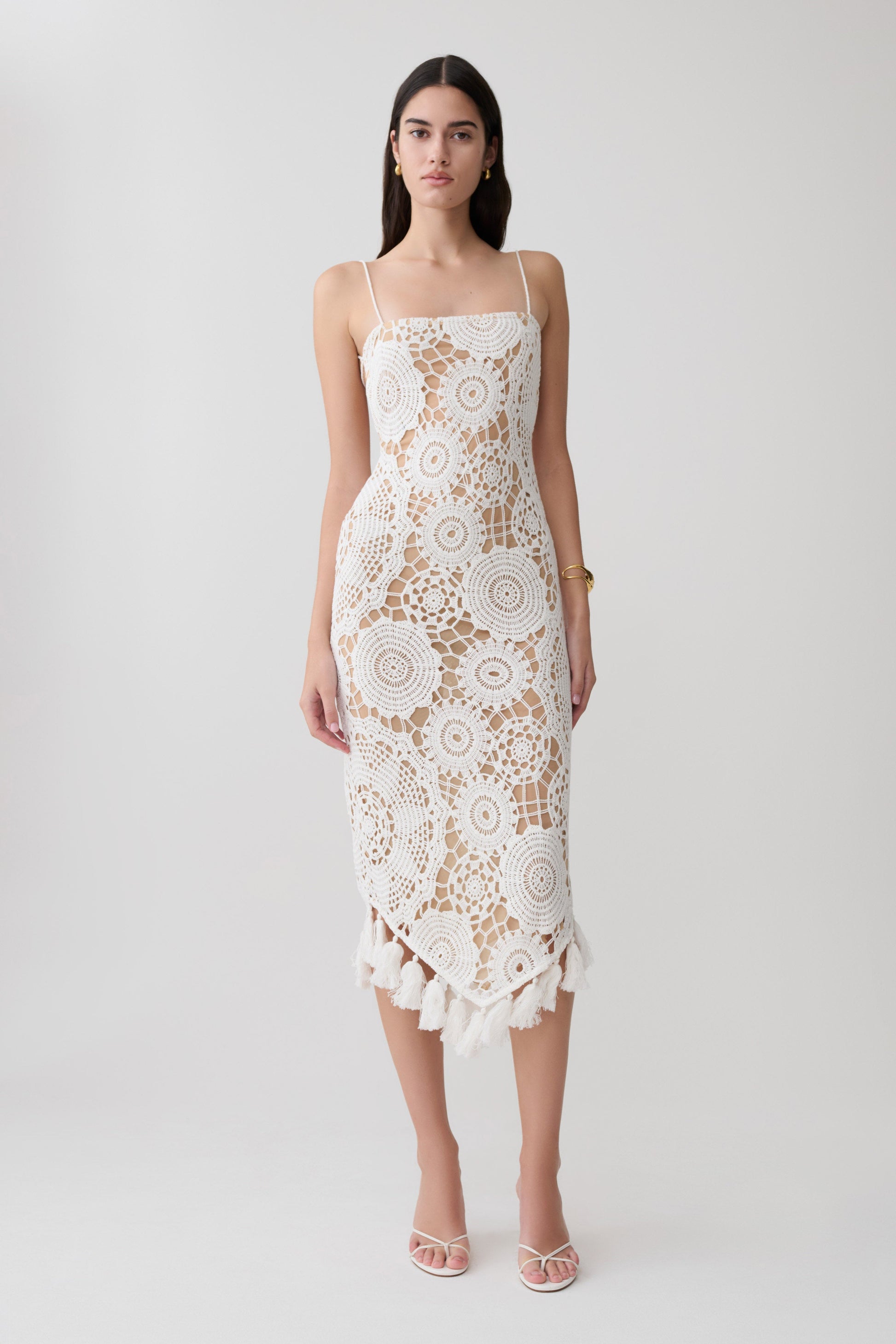 Delta Crochet Halter Midi Dress / White | MESHKI