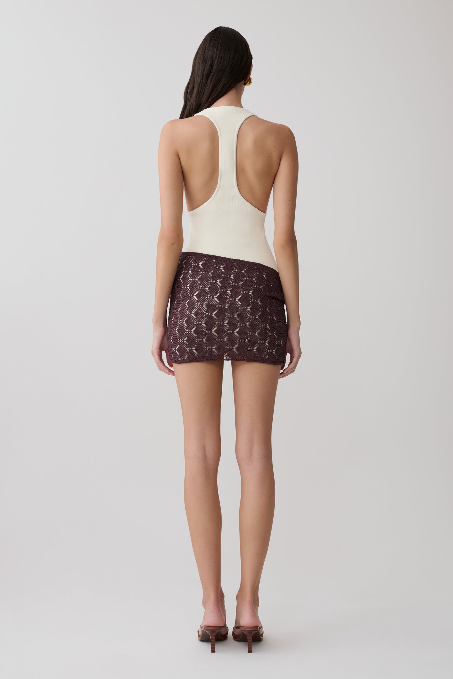 Mollie Mini Dress With Crochet Overlay - White & Chocolate