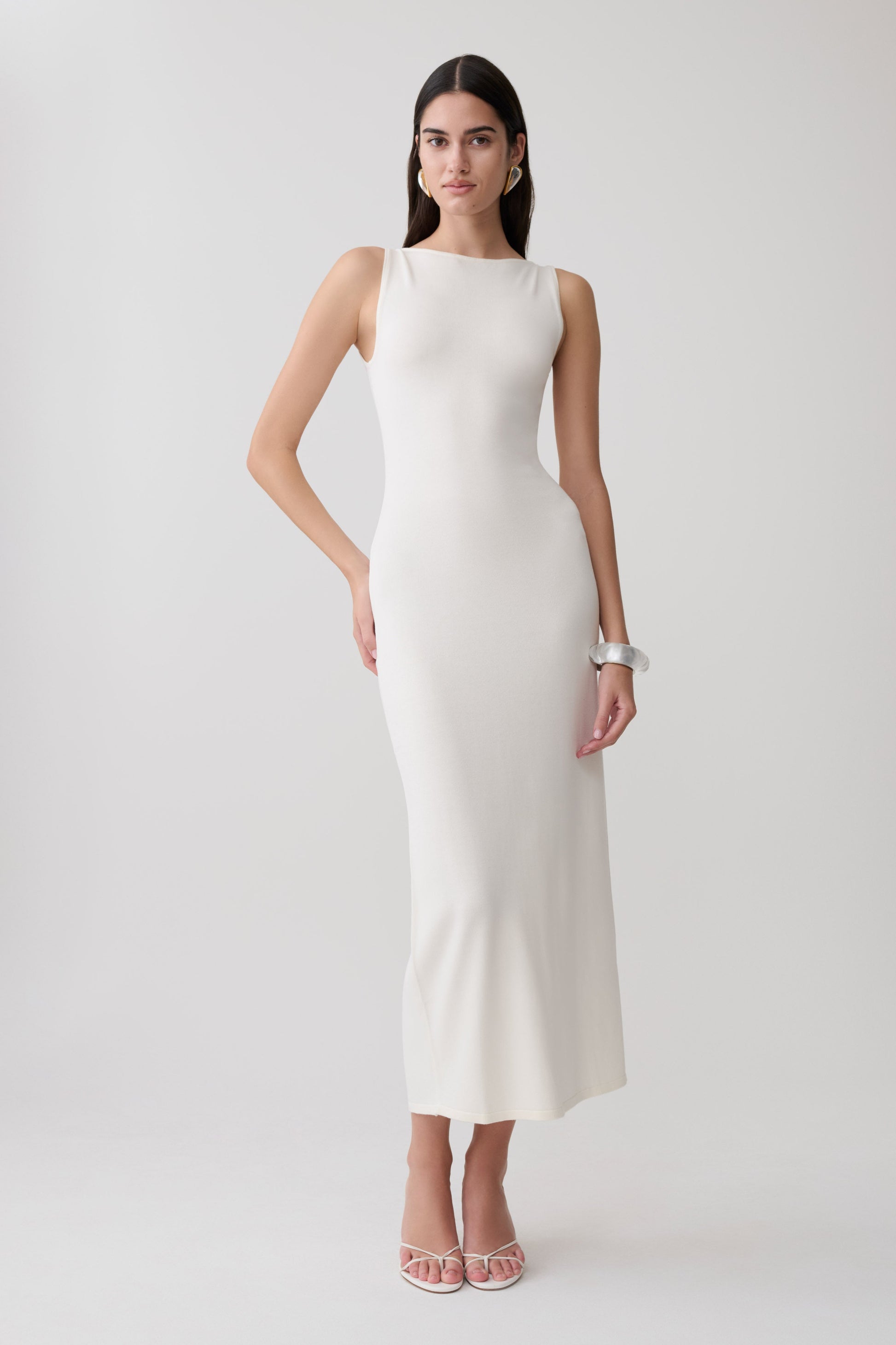 Boston Boat Neck Sleeveless Midi Dress / Ivory | MESHKI
