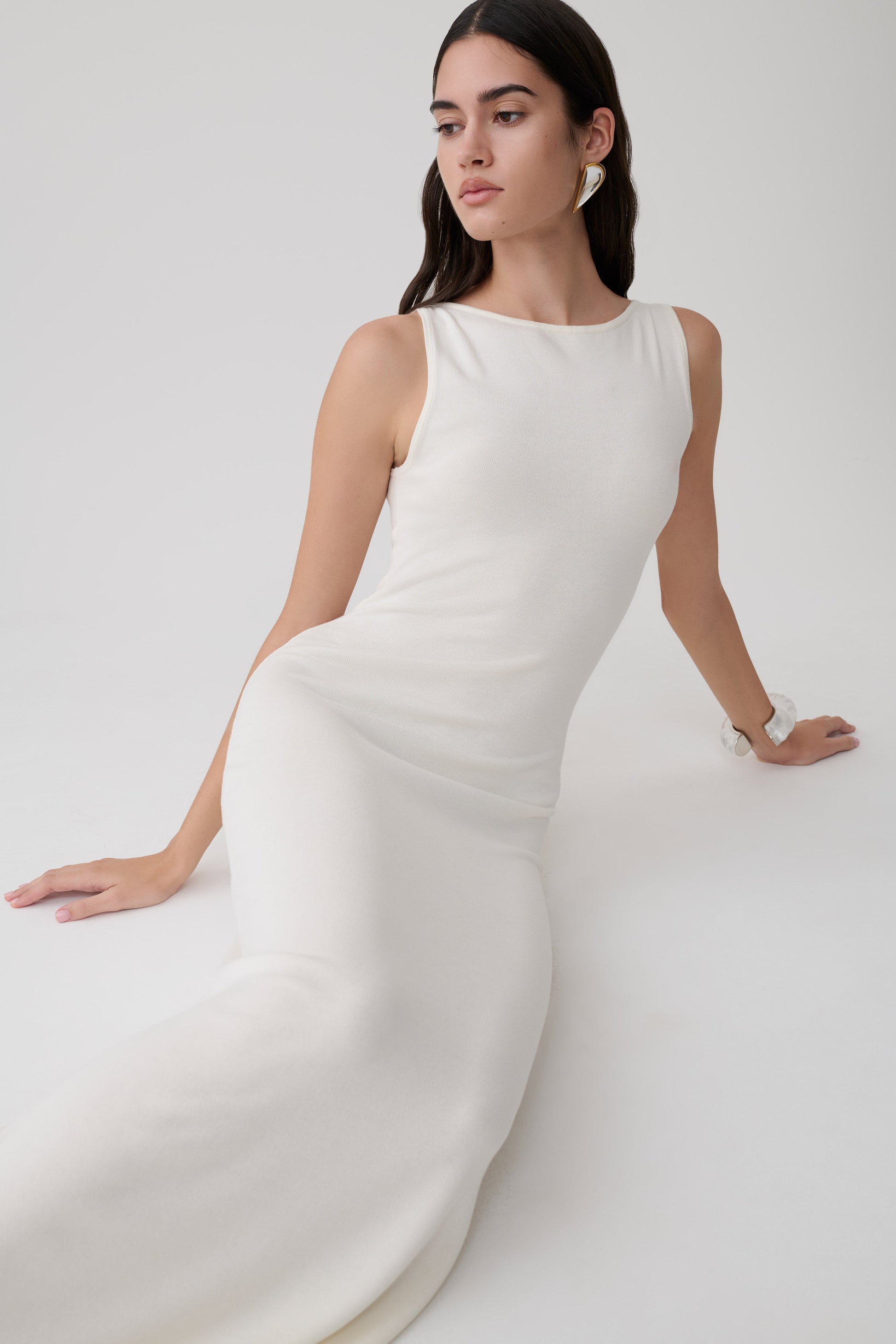 Boston Boat Neck Sleeveless Midi Dress / Ivory | MESHKI