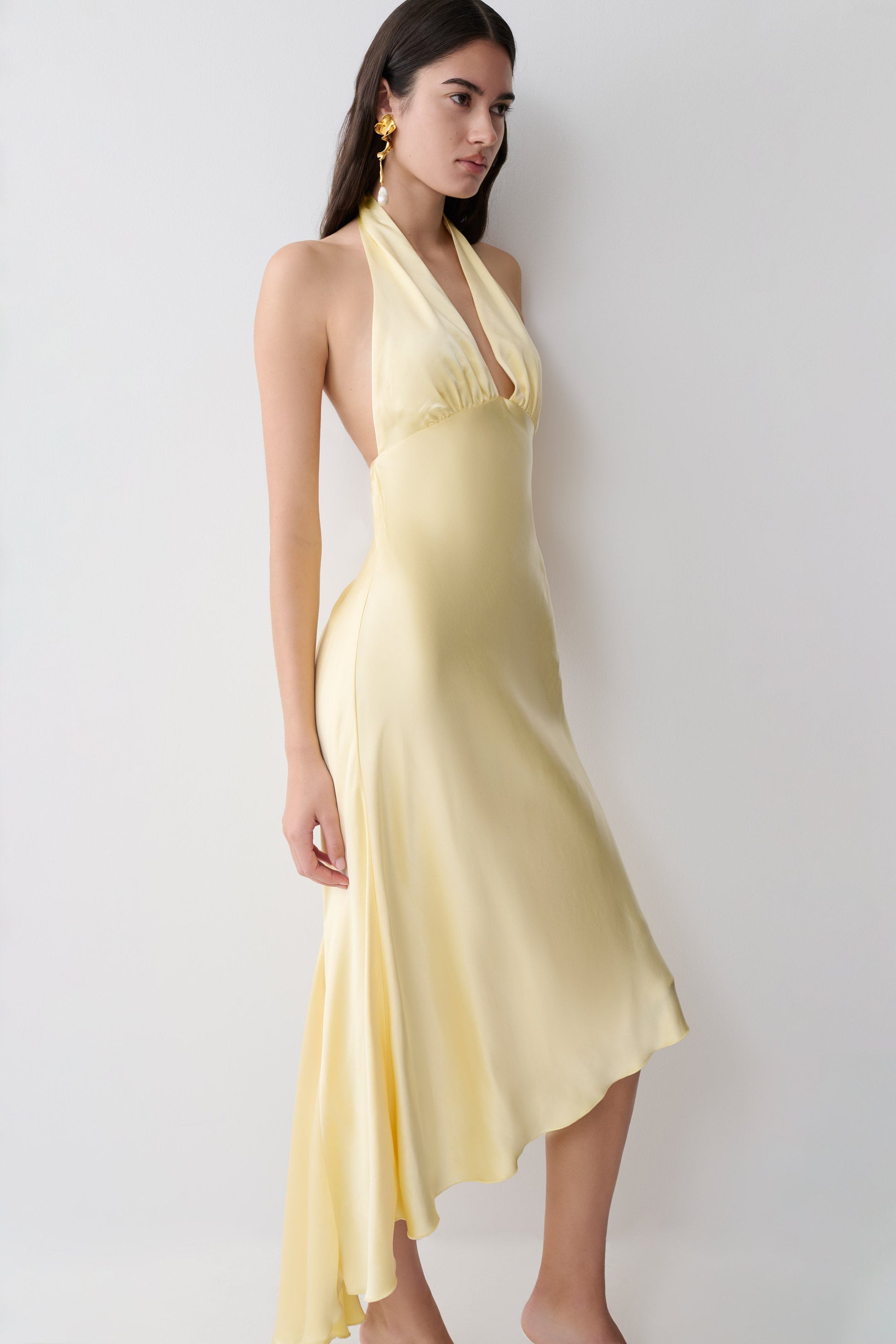 butter yellow halter dress Adelie Asymmetric Hem Halter Midi Dress - Butter