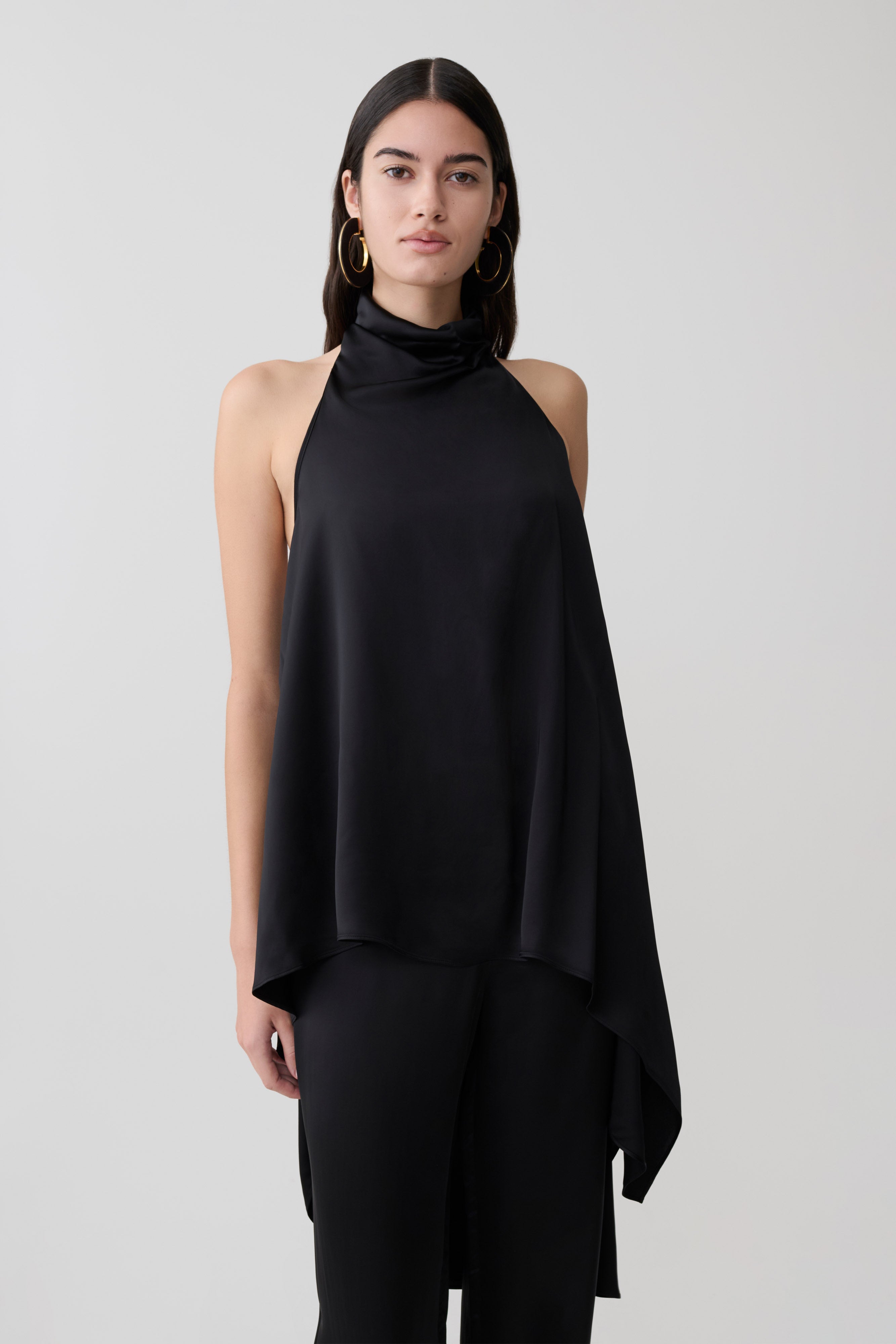 Sydney Asymmetrical Satin Halter Top - Black | MESHKI US