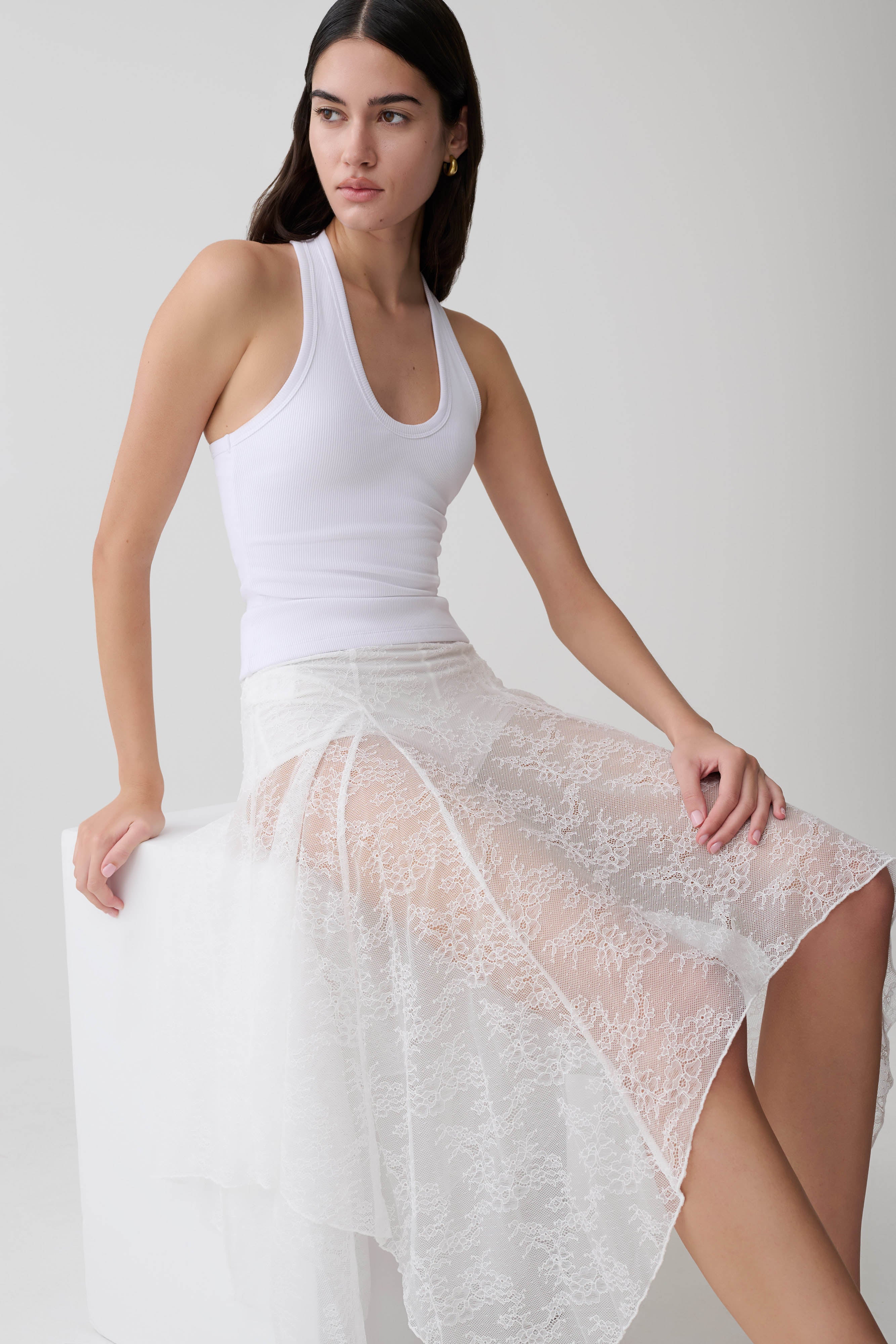 Haime Lace Hankie Midi Skirt - Ivory | MESHKI US