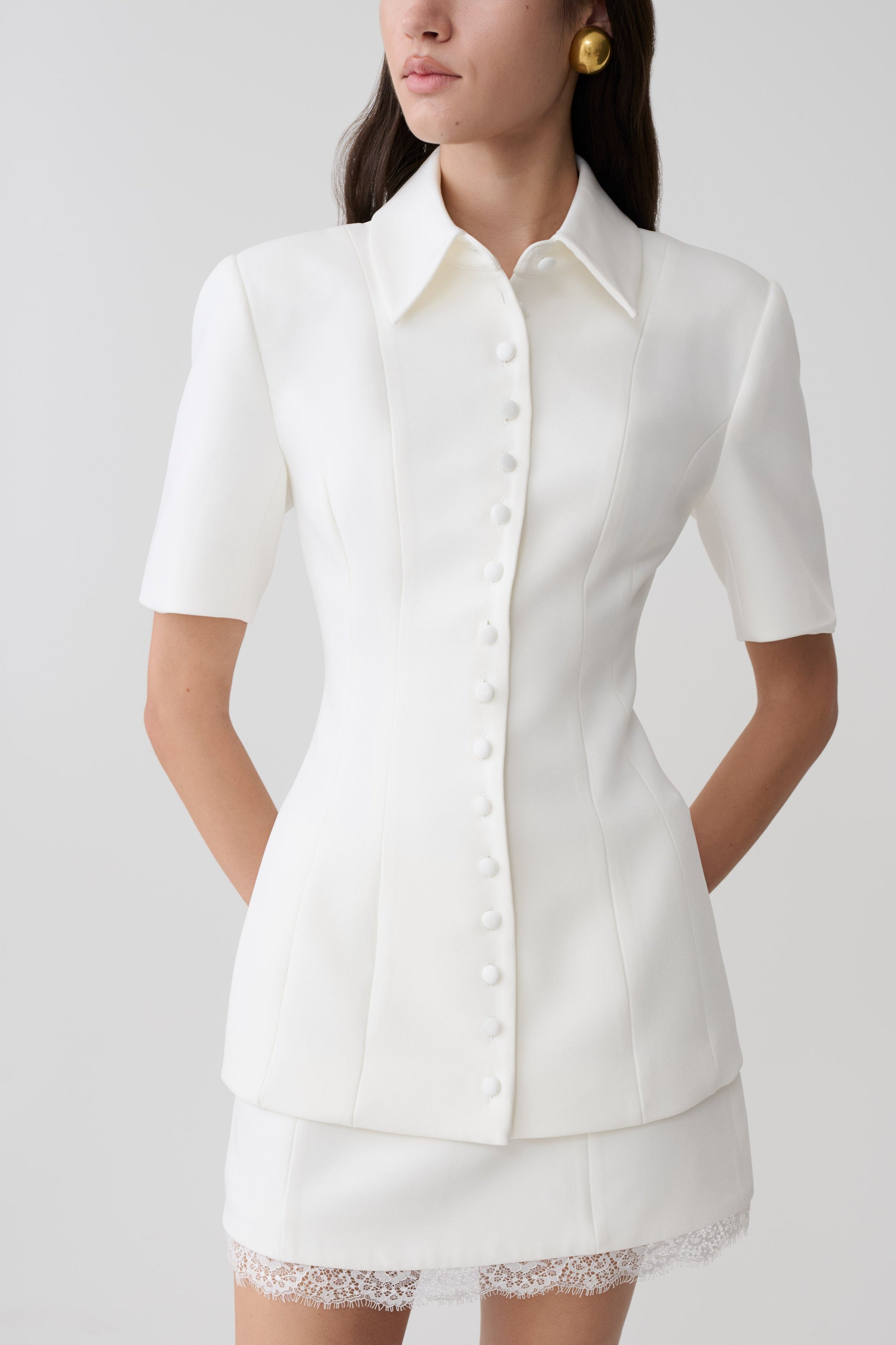 Ariella Button Up Short Sleeves Top / White | MESHKI