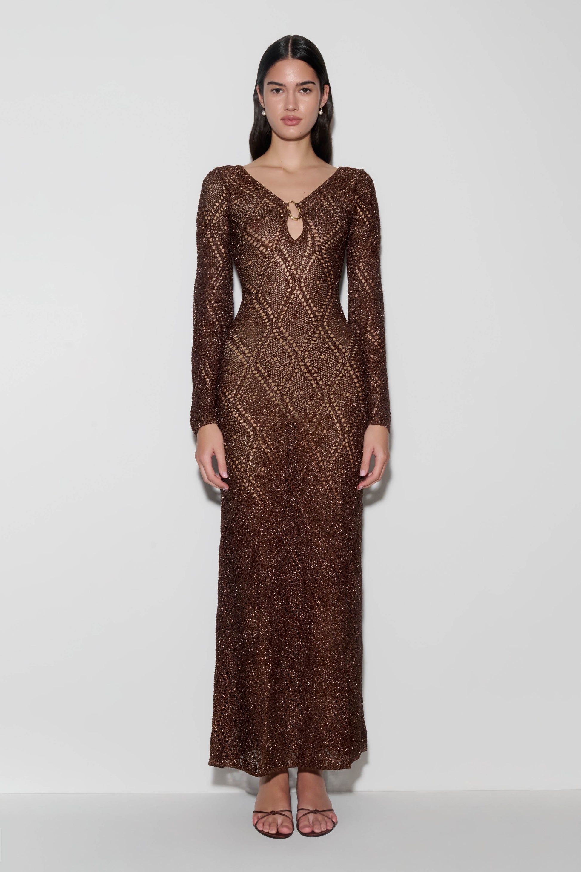 maxi crochet dress Chelsea Lurex Crochet Maxi Dress / Bronze | MESHKI