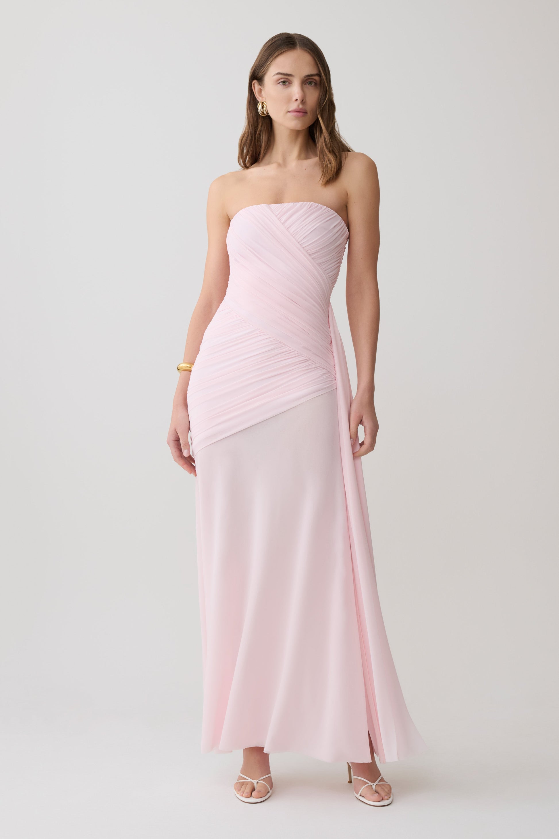 Monet Strapless Ruched Mesh Maxi Dress / Ballet Pink | MESHKI