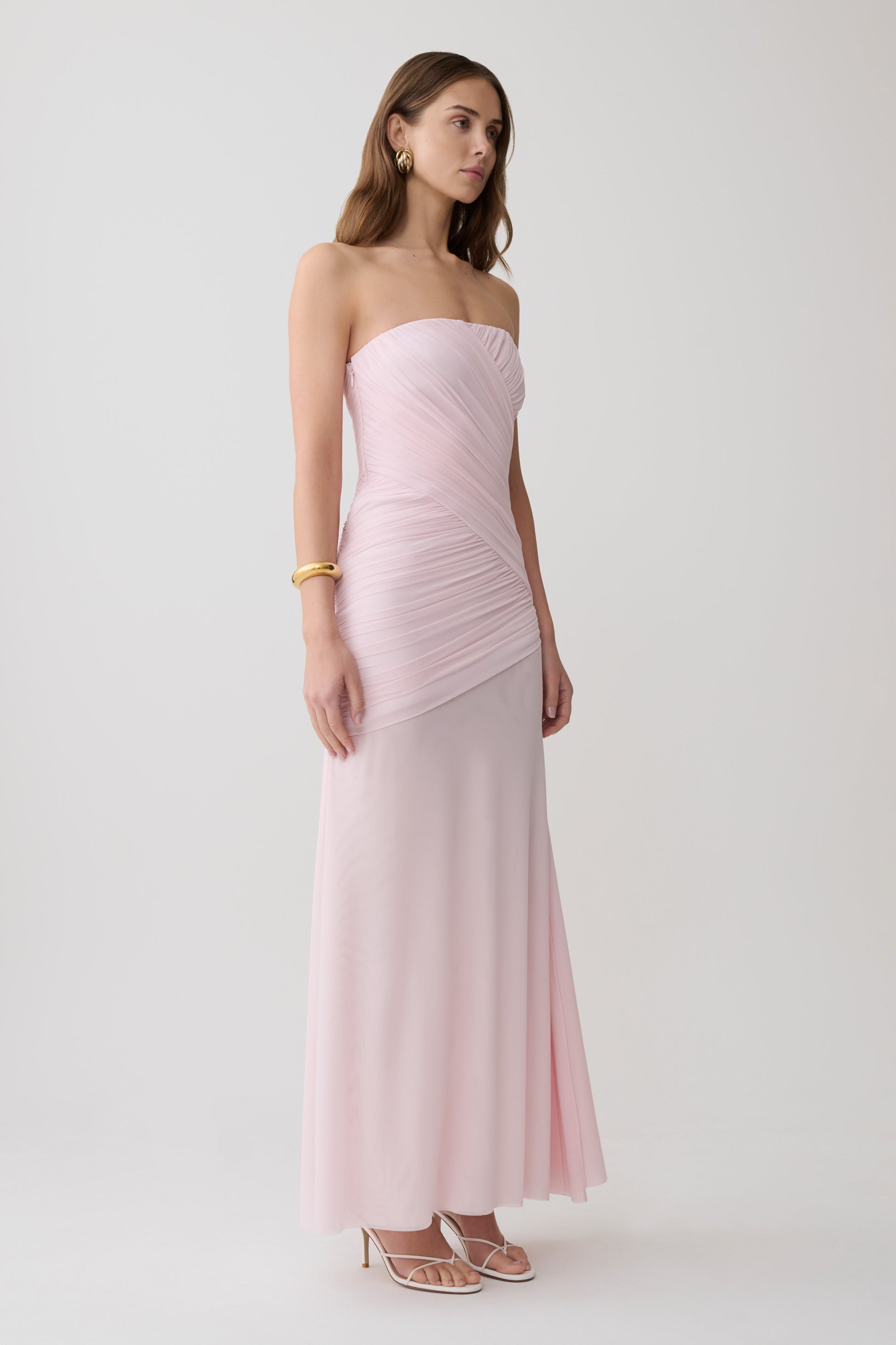 Monet Strapless Ruched Mesh Maxi Dress / Ballet Pink | MESHKI
