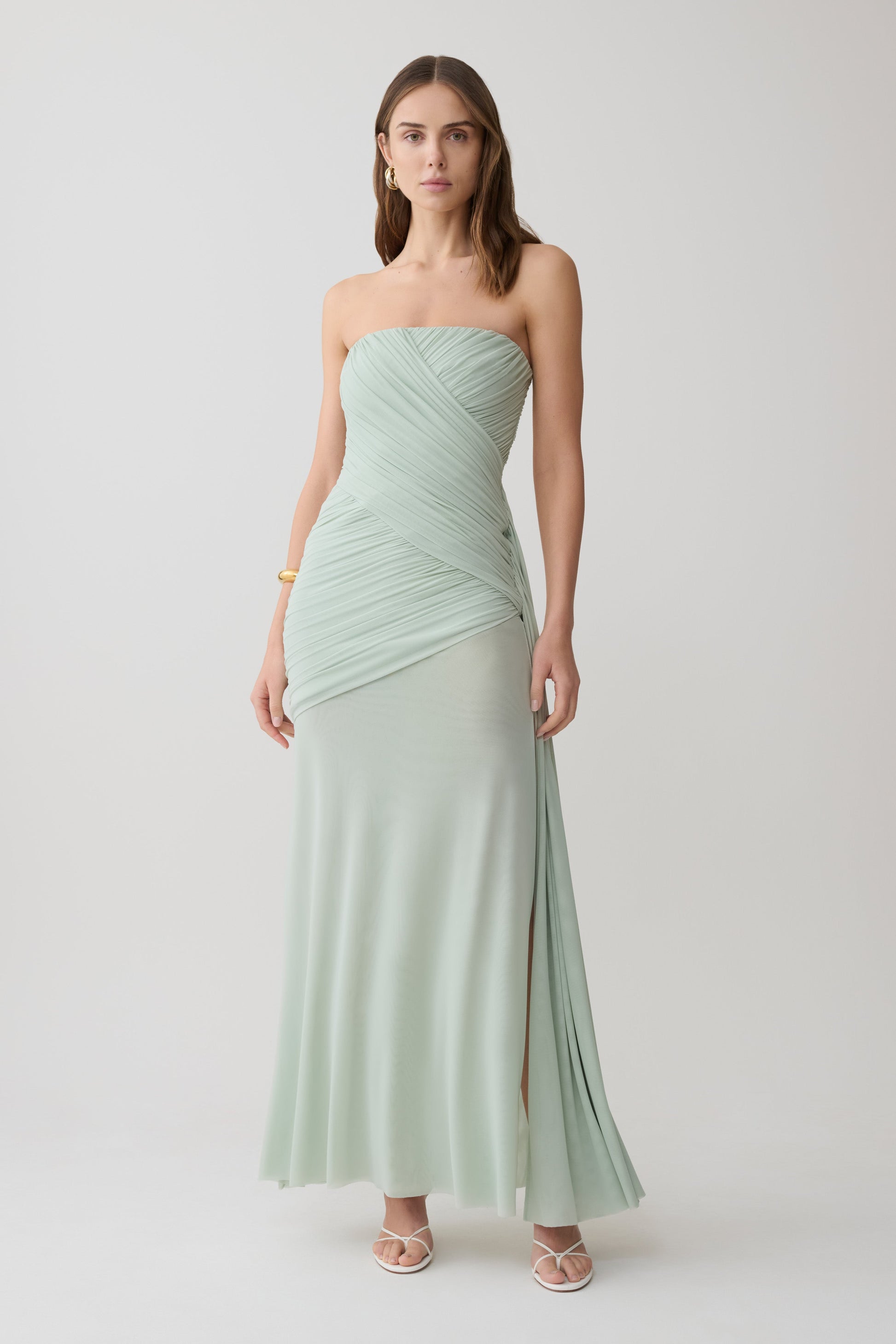 Monet Strapless Ruched Mesh Maxi Dress / Aqua Grey | MESHKI