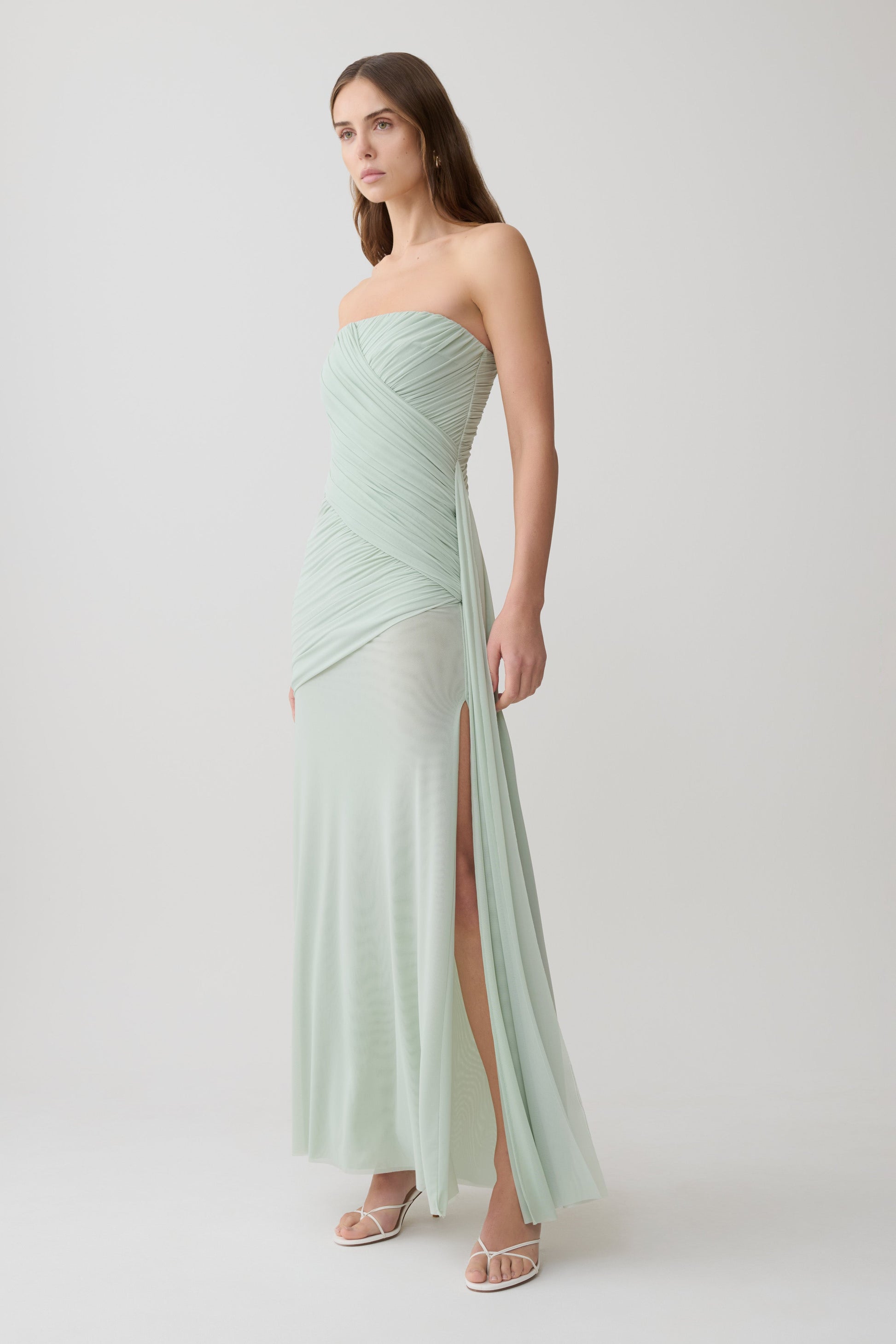 aqua ruched maxi dress ADRIANNA PLUNGE RUCHED MAXI DRESS - AQUA