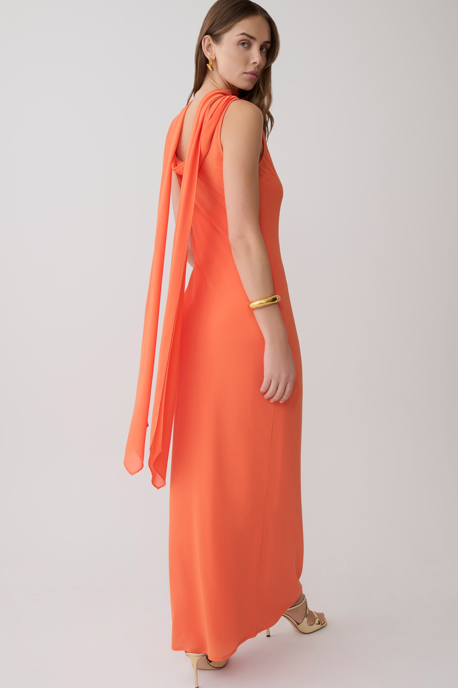 orange maxi dress with scarf MARGOT Scarf Neck Satin Maxi Dress