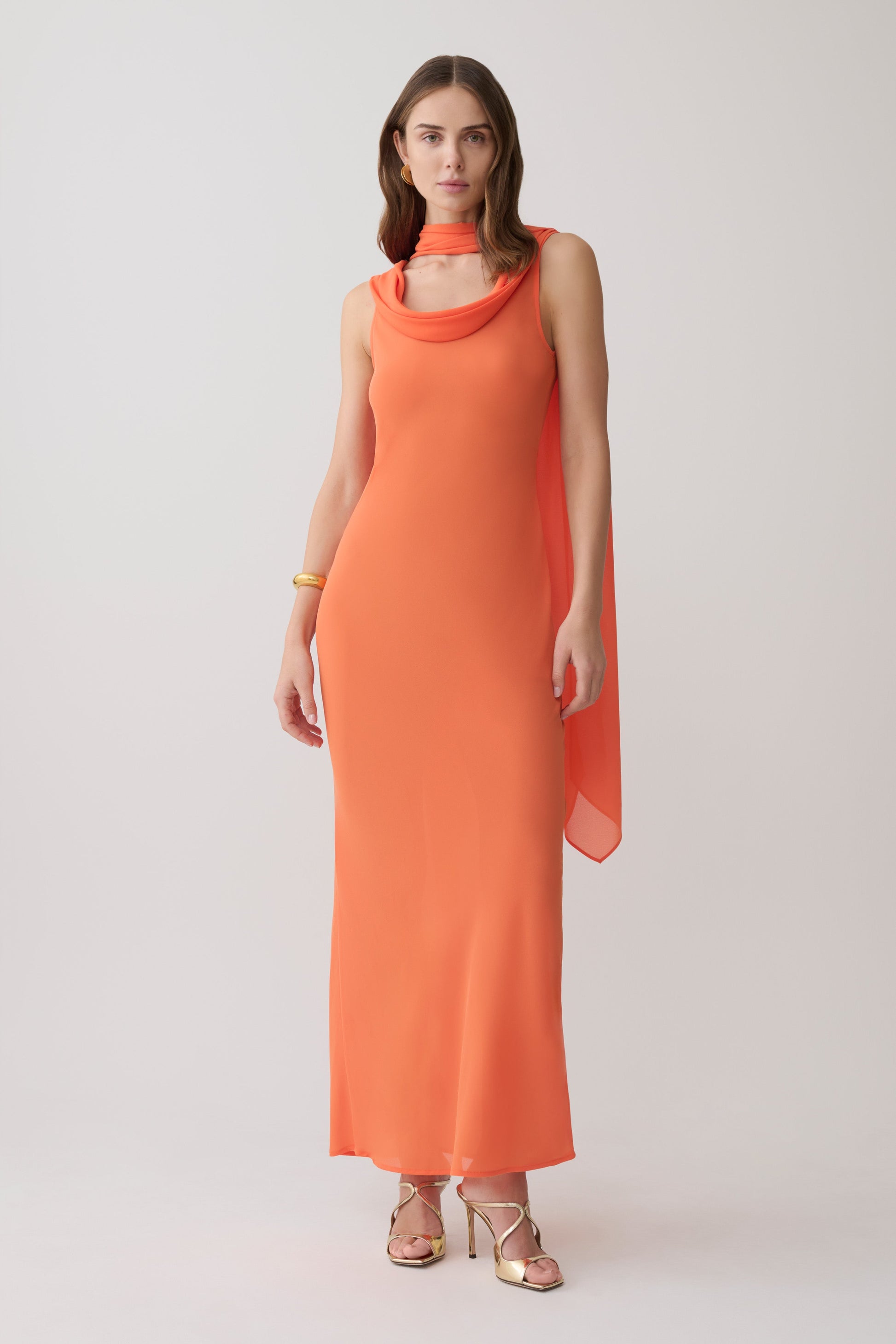 Dakota Chiffon Maxi Dress With Scarf / Orange | MESHKI