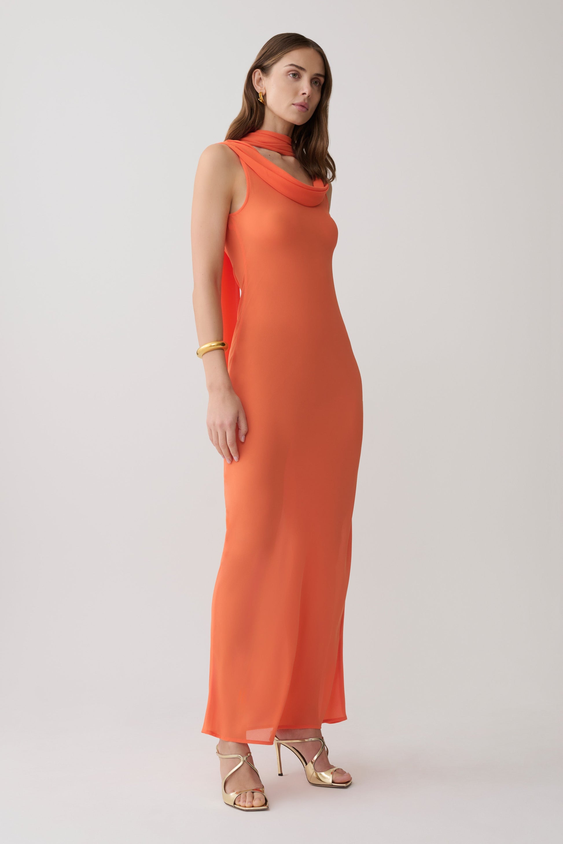 Dakota Chiffon Maxi Dress With Scarf - Orange #6