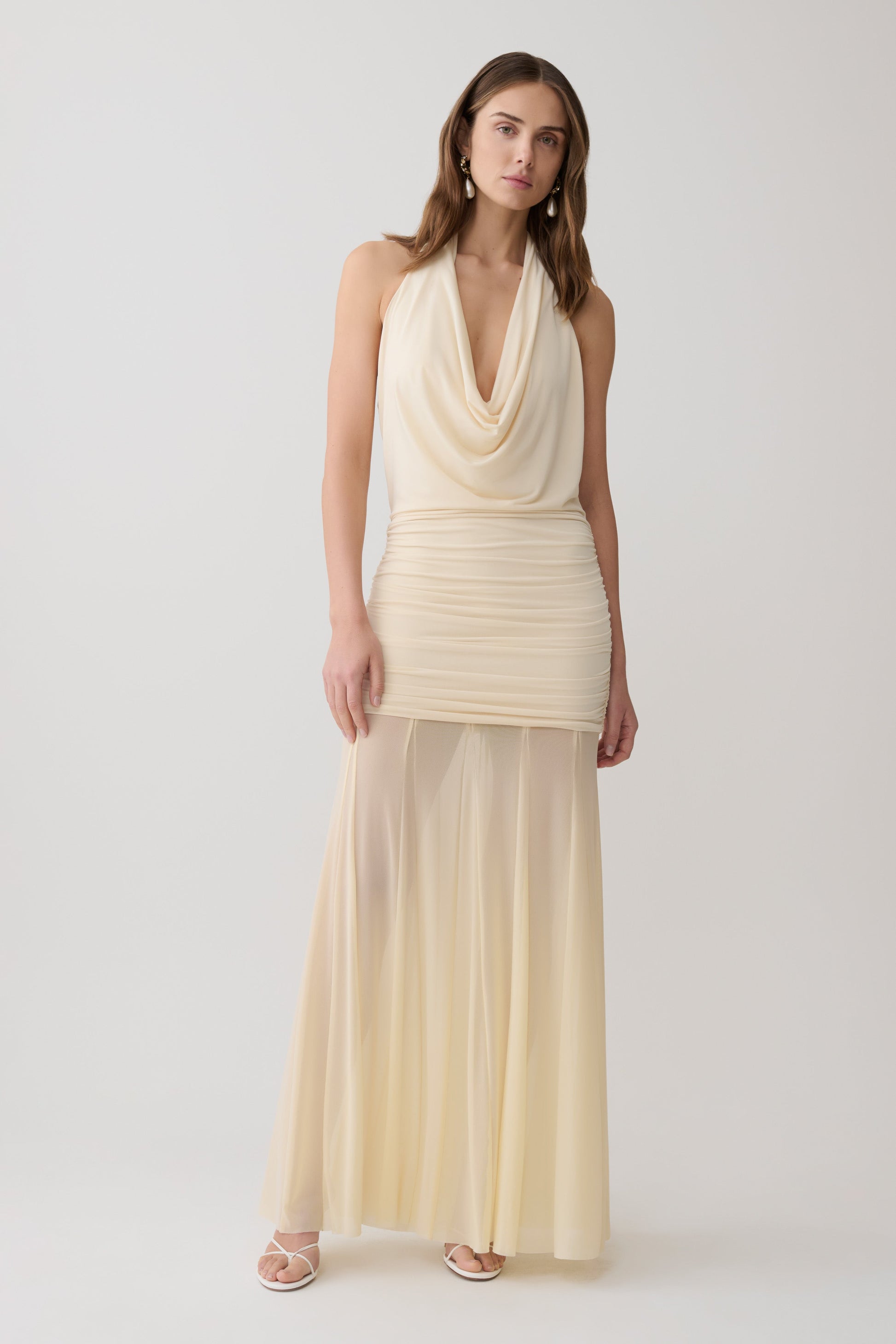 Jorja Draped Halter Slinky Maxi Dress - Ivory #5