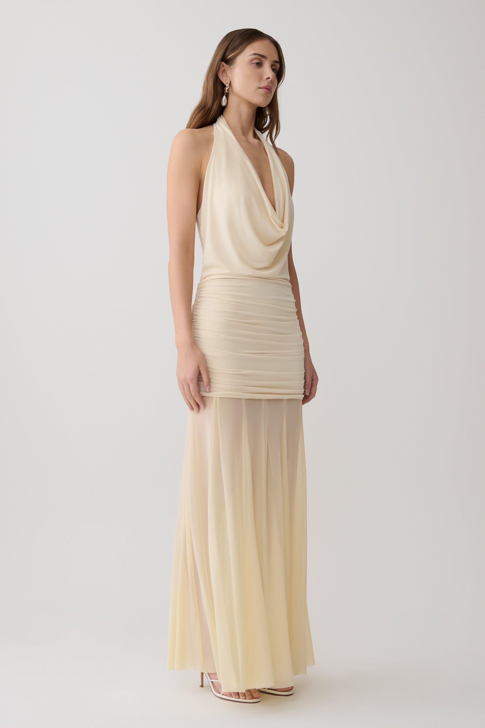 Jorja Draped Halter Slinky Maxi Dress - Ivory #4