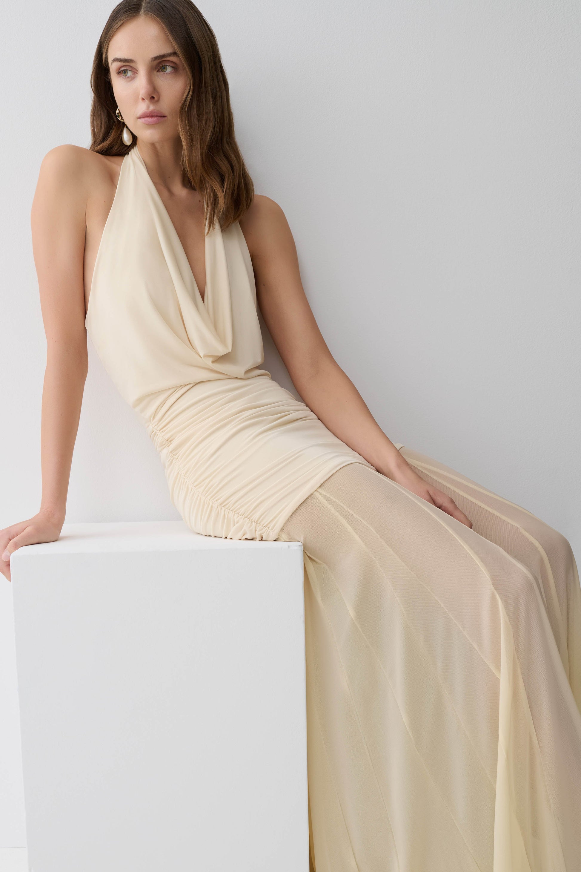 Jorja Draped Halter Slinky Maxi Dress - Ivory #3