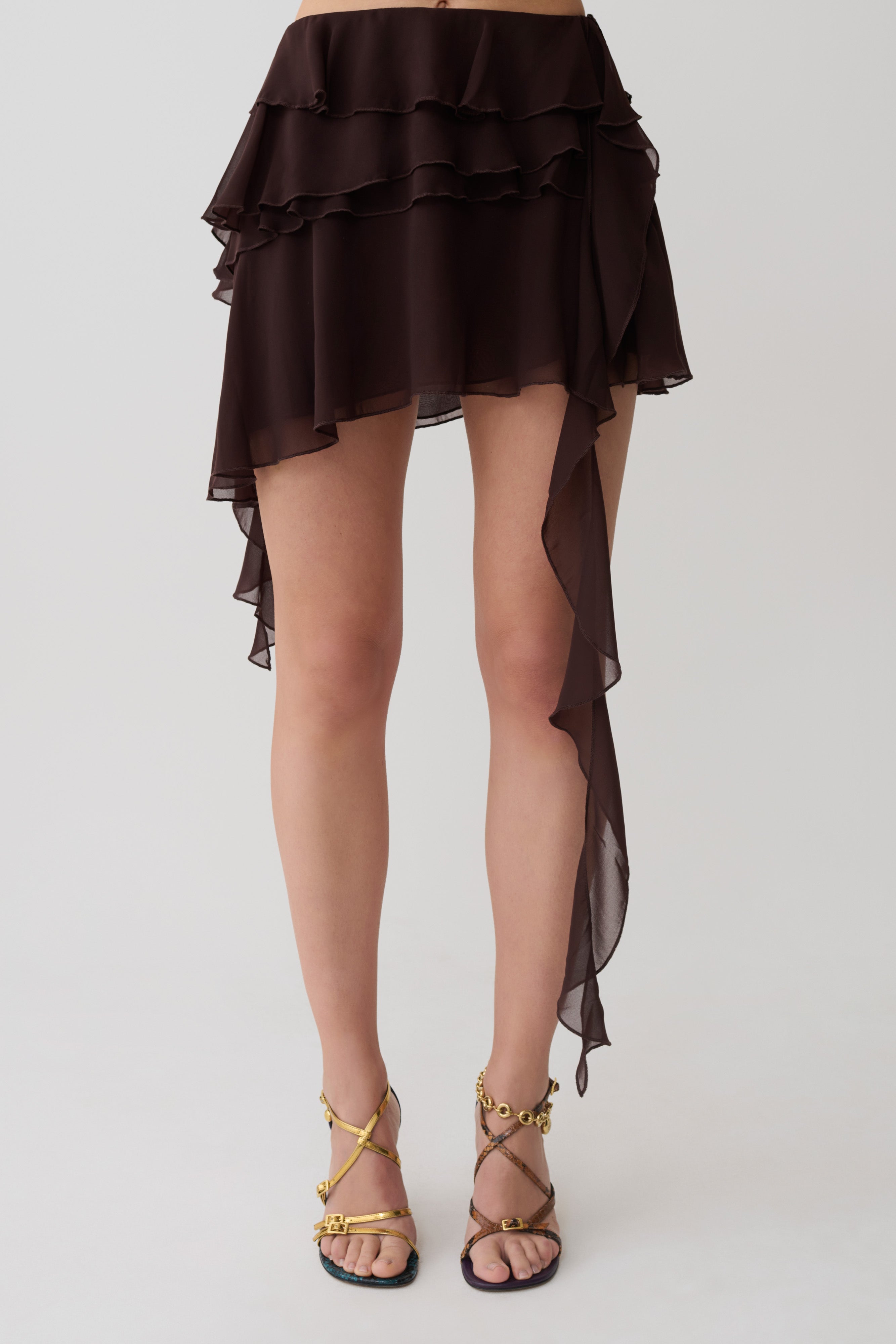 Nora Chiffon Layered Mini Skirt - Cacao Brown | MESHKI US