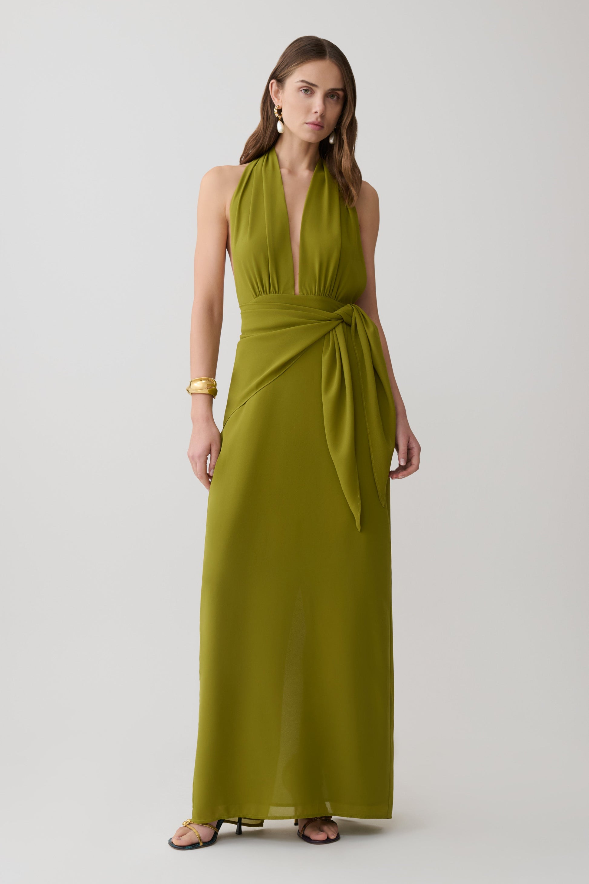 Gianna Satin Halter Maxi Dress - Olive #5