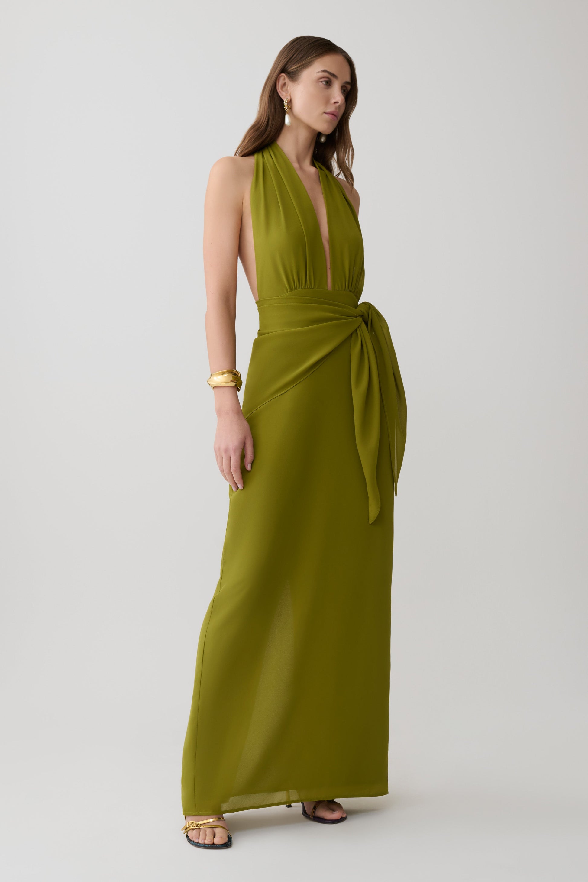Gianna Satin Halter Maxi Dress - Olive #4