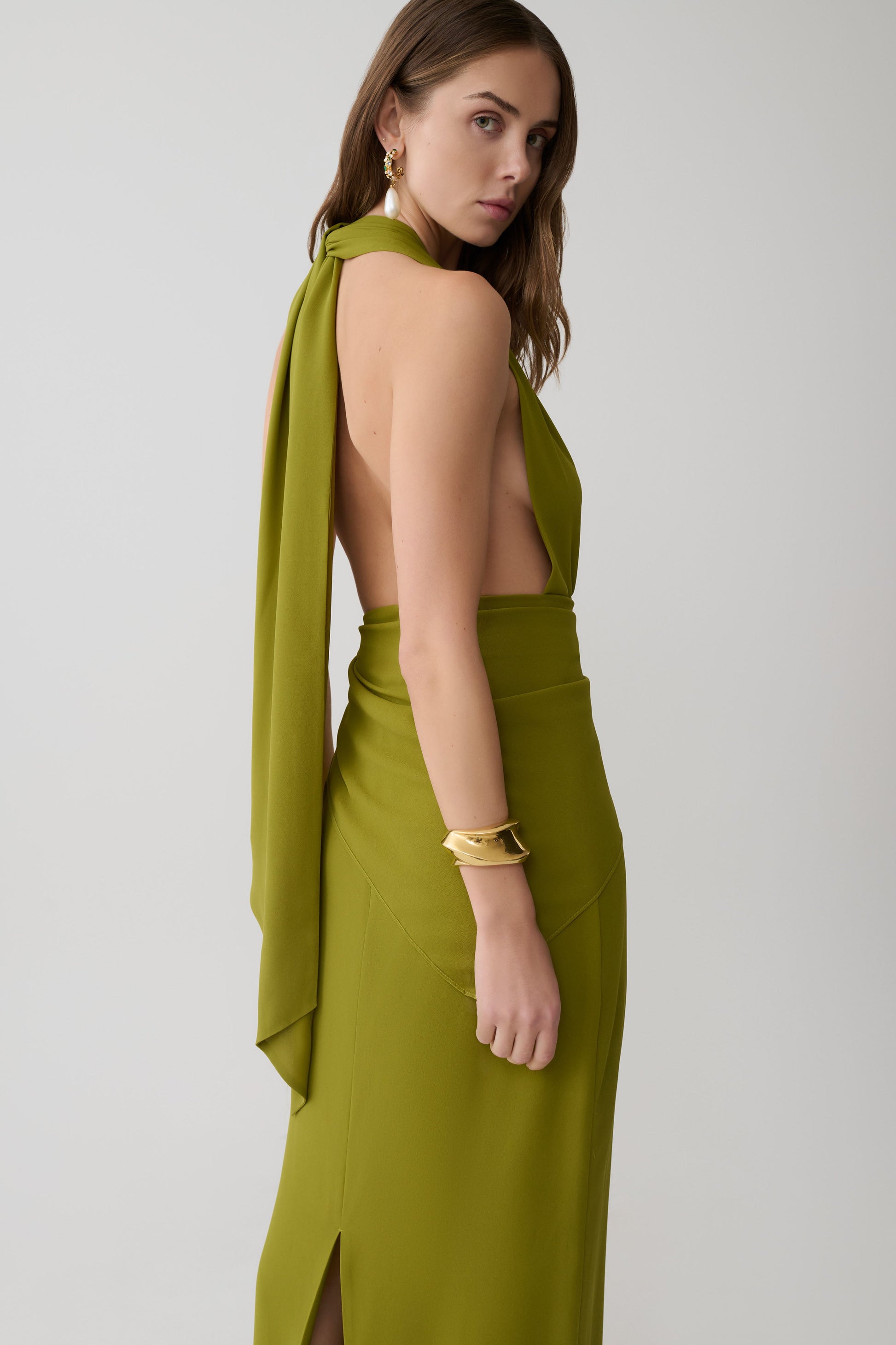 Gianna Satin Halter Maxi Dress - Olive #2