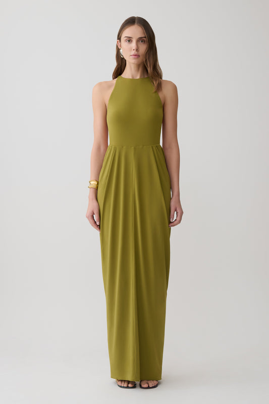meshki green satin dress Yvette Slip Maxi Dress With Asymmetrical Hem - Emerald