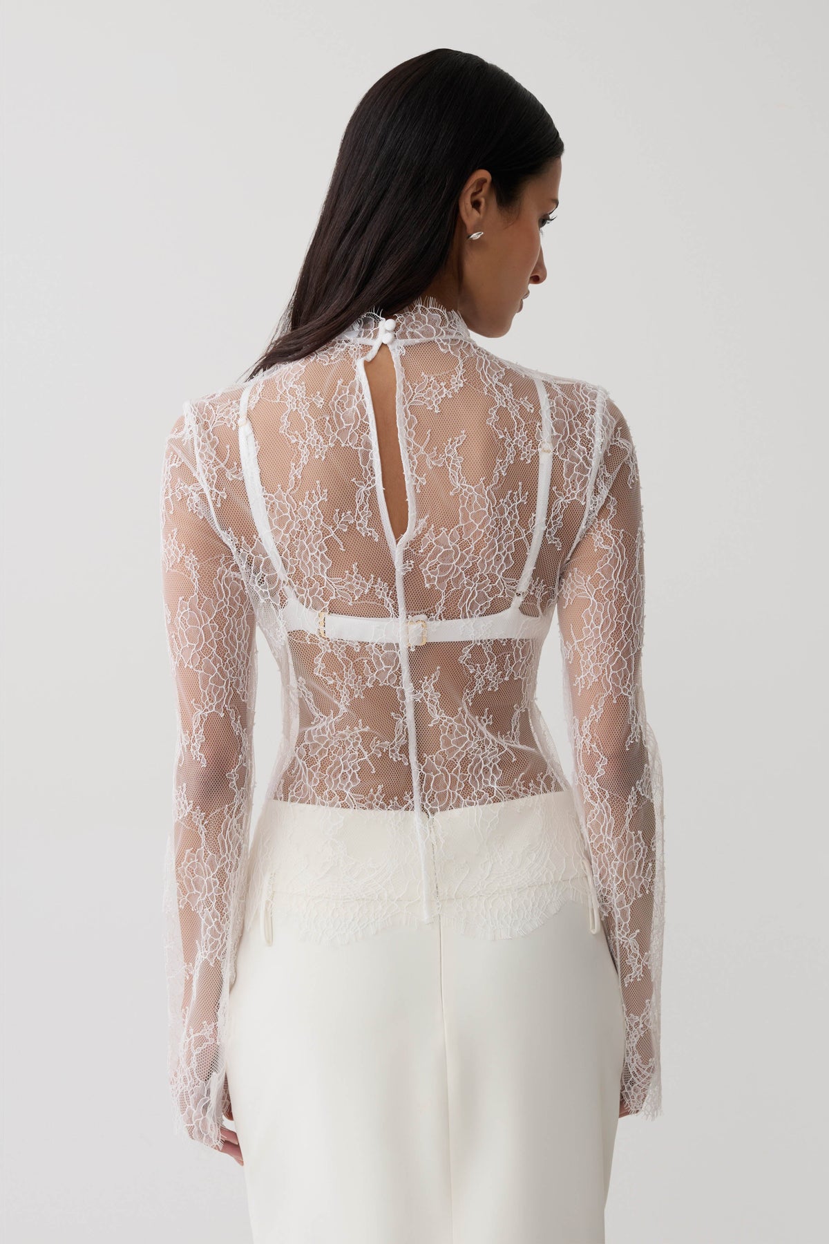Alizette High Neck Long Sleeve Lace Top - Ivory