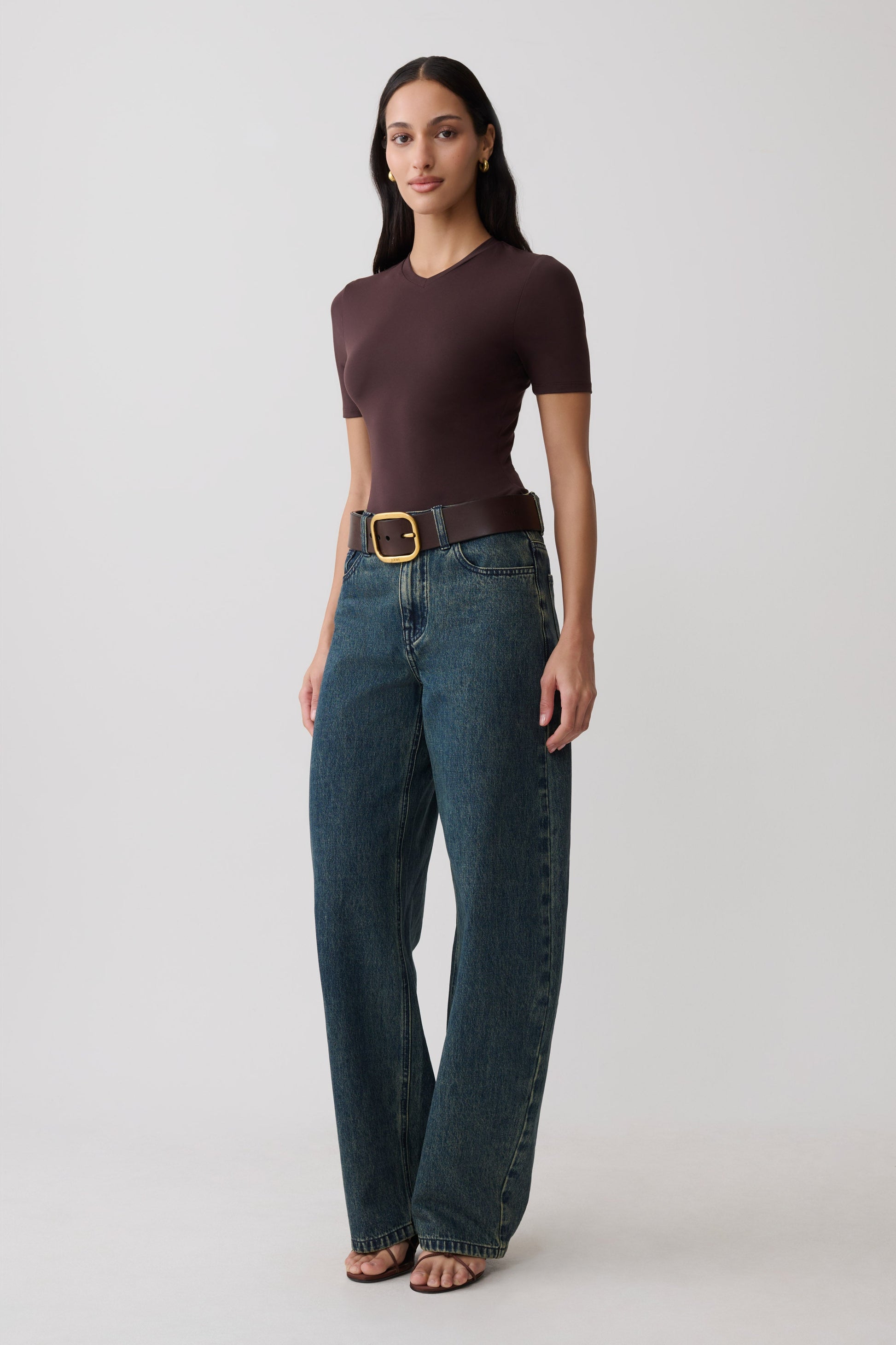 Janelle High V Neck Short Sleeve Top - Chocolate #4