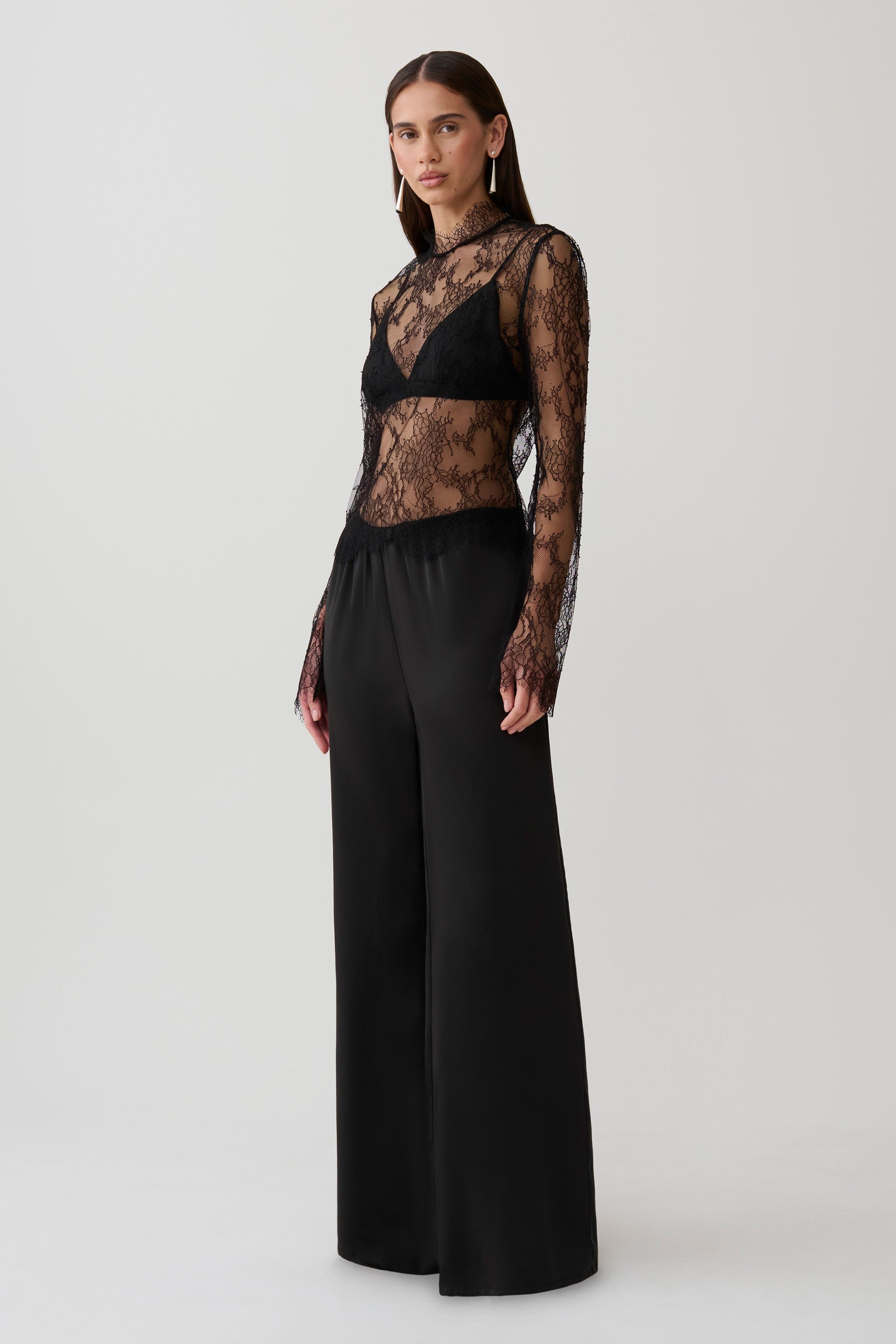 Alizette High Neck Long Sleeve Lace Top - Black #5