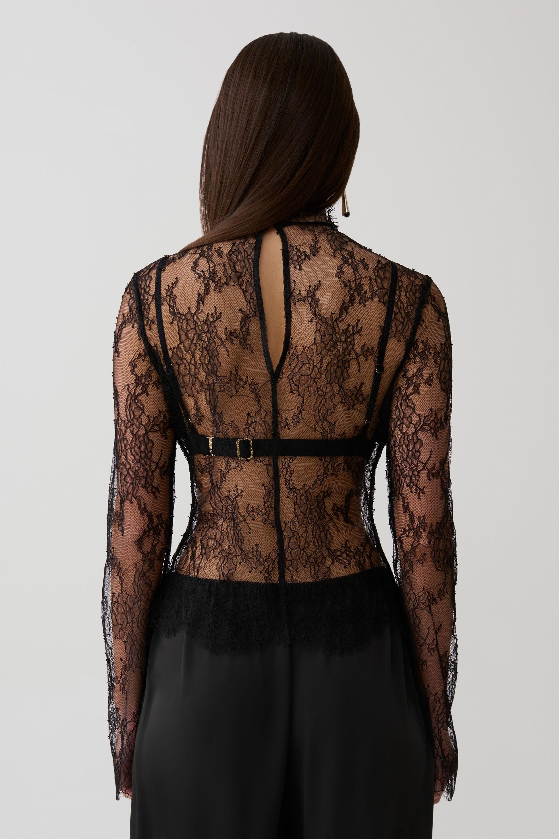 Alizette High Neck Long Sleeve Lace Top - Black #3