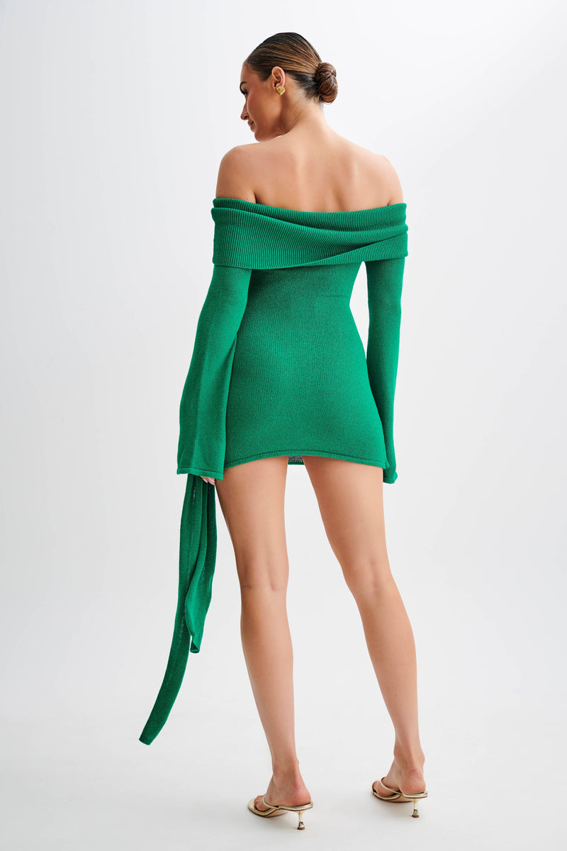 Camryn Off Shoulder Tie Knit Mini Dress - Green - MESHKI U.S